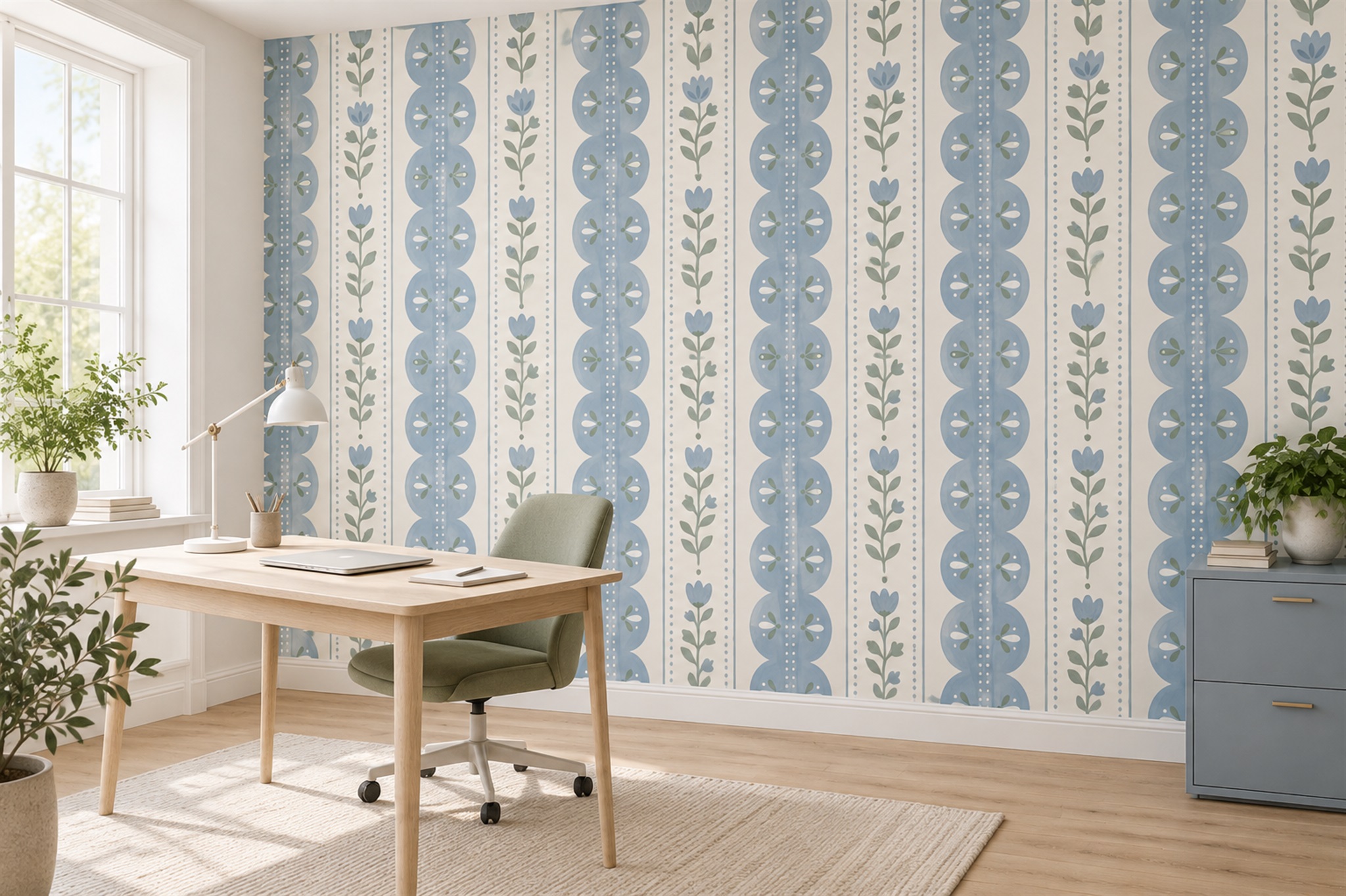 Blue Pattern Decorative Abstract Wallpaper Mural Office-wallpaper-murals, Shown In A Home Office, Peel-and-stick Finish