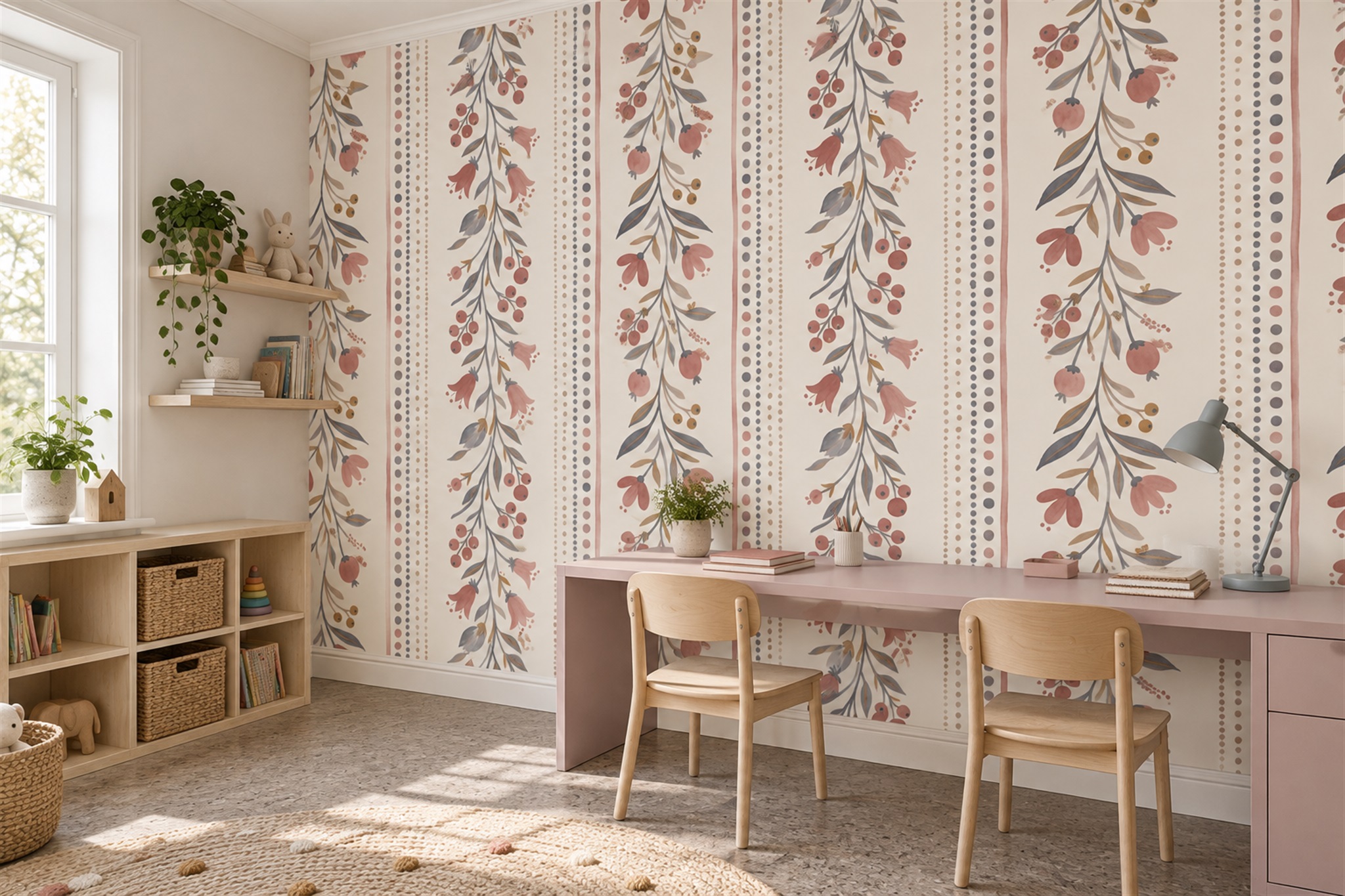 Pink Striped Abstract Wallpaper Mural Office-wallpaper-murals, Shown In A Home Office, Peel-and-stick Finish