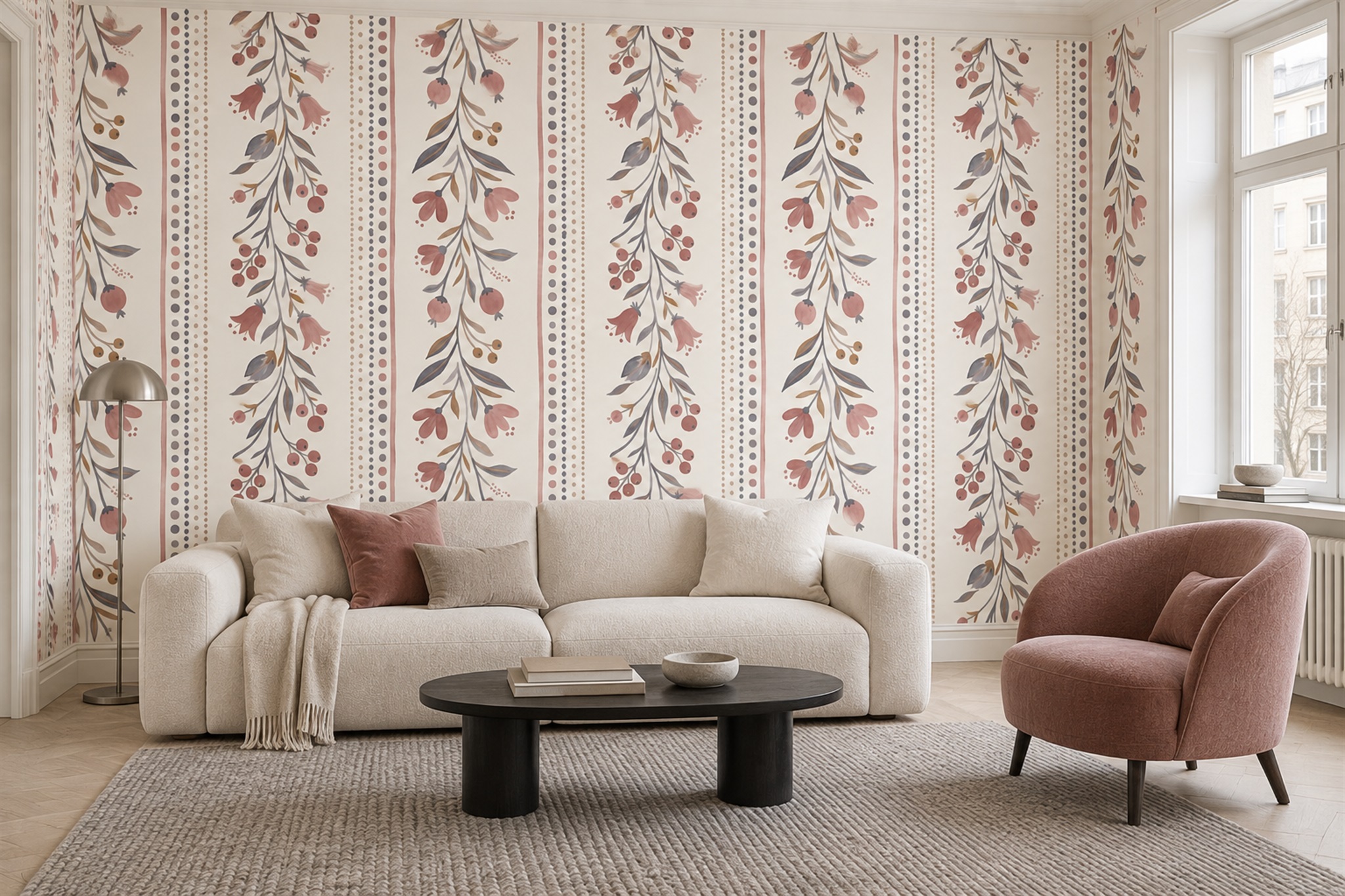 Pink Botanical Sprig And Berry Stripe Wallpaper Mural — Wallpaper Mural Design, Peel-and-stick Finish