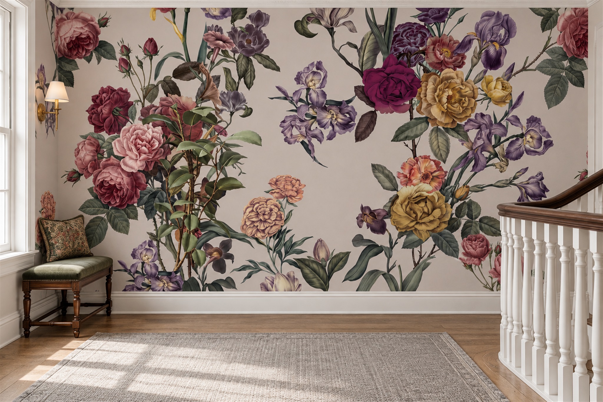 Multicolour Garden Flowers On Soft Beige Wallpaper Mural — Wallpaper Mural Design, Peel-and-stick Finish