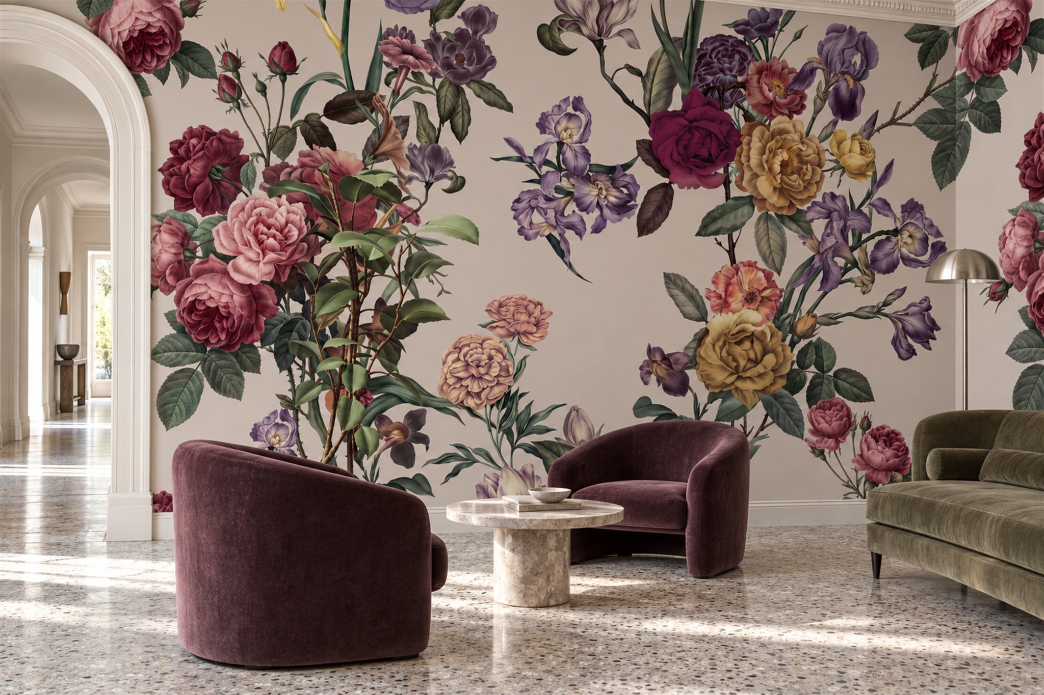 Neutral Floral Botanical Wallpaper Mural Accent-wall-wallpaper-murals, Peel-and-stick Finish