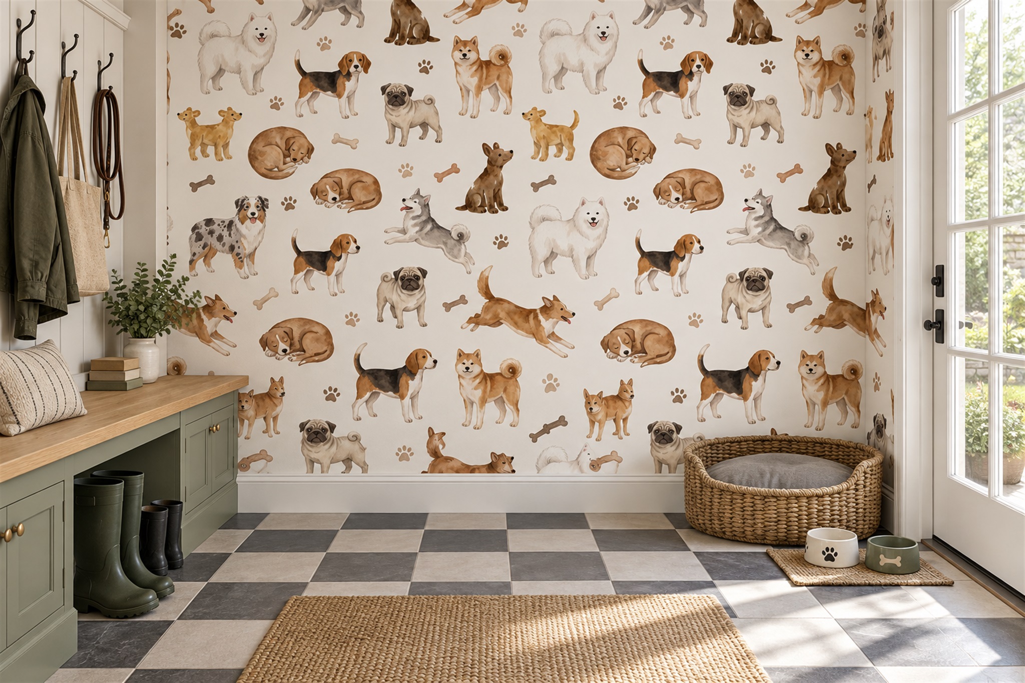 Illustrated Dogs And Paw Prints Wallpaper Mural — Installed Wallpaper Mural In A Entryway, Peel-and-stick Finish