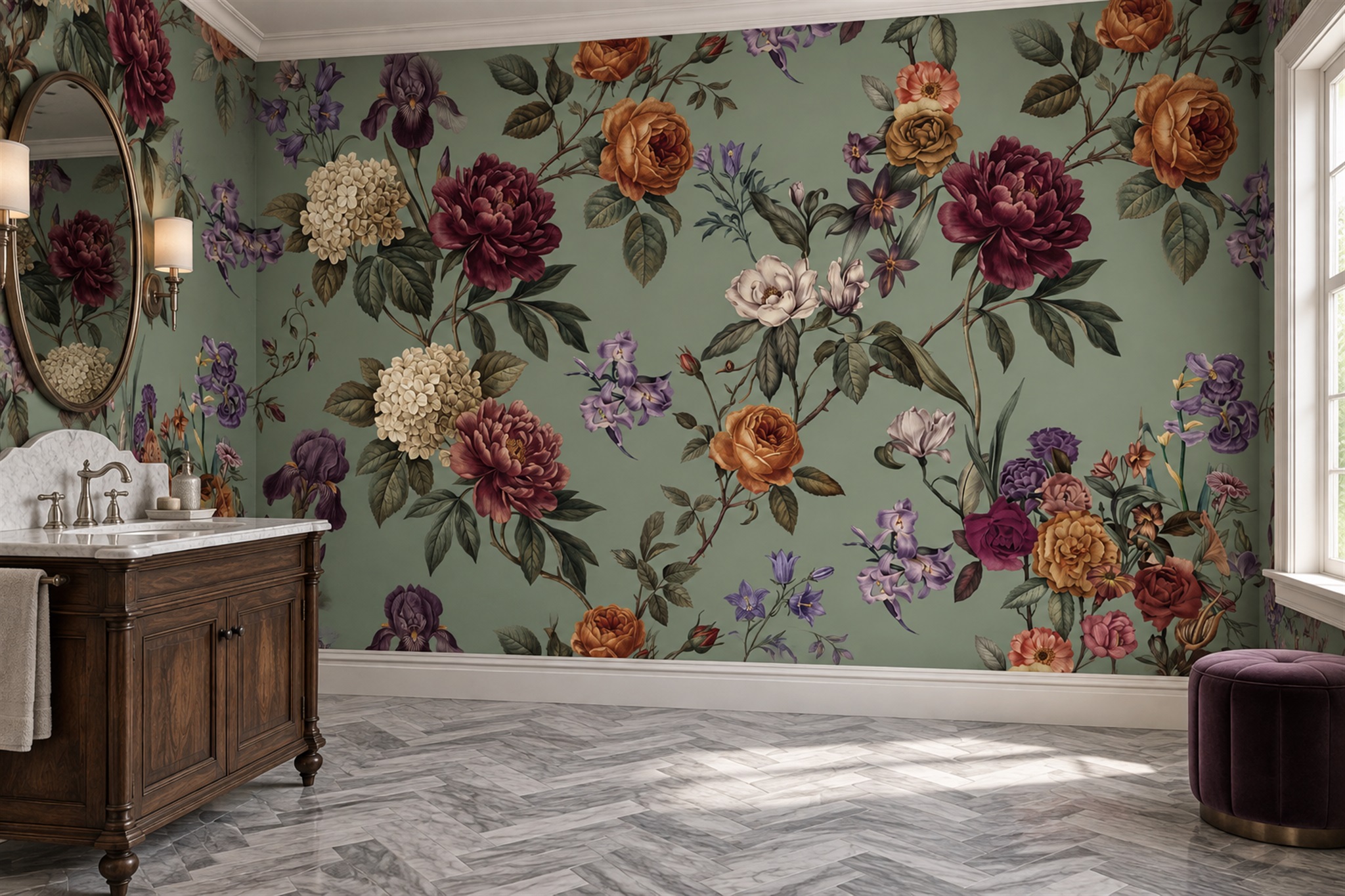 Sage Rose Botanical Wallpaper Mural Powder-room-wallpaper-murals, Peel-and-stick Finish