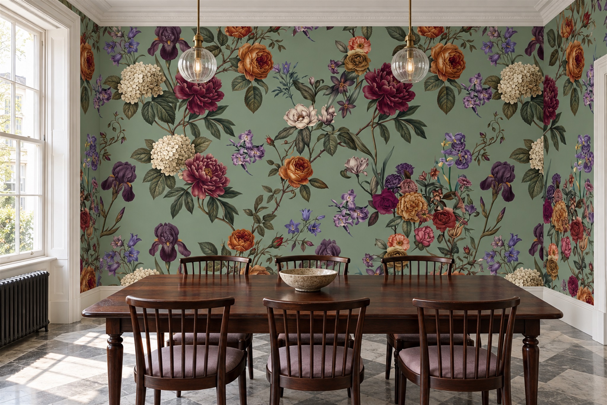 Sage Green Ground Multicolour Flower Wallpaper Mural — Wallpaper Mural Design, Peel-and-stick Finish