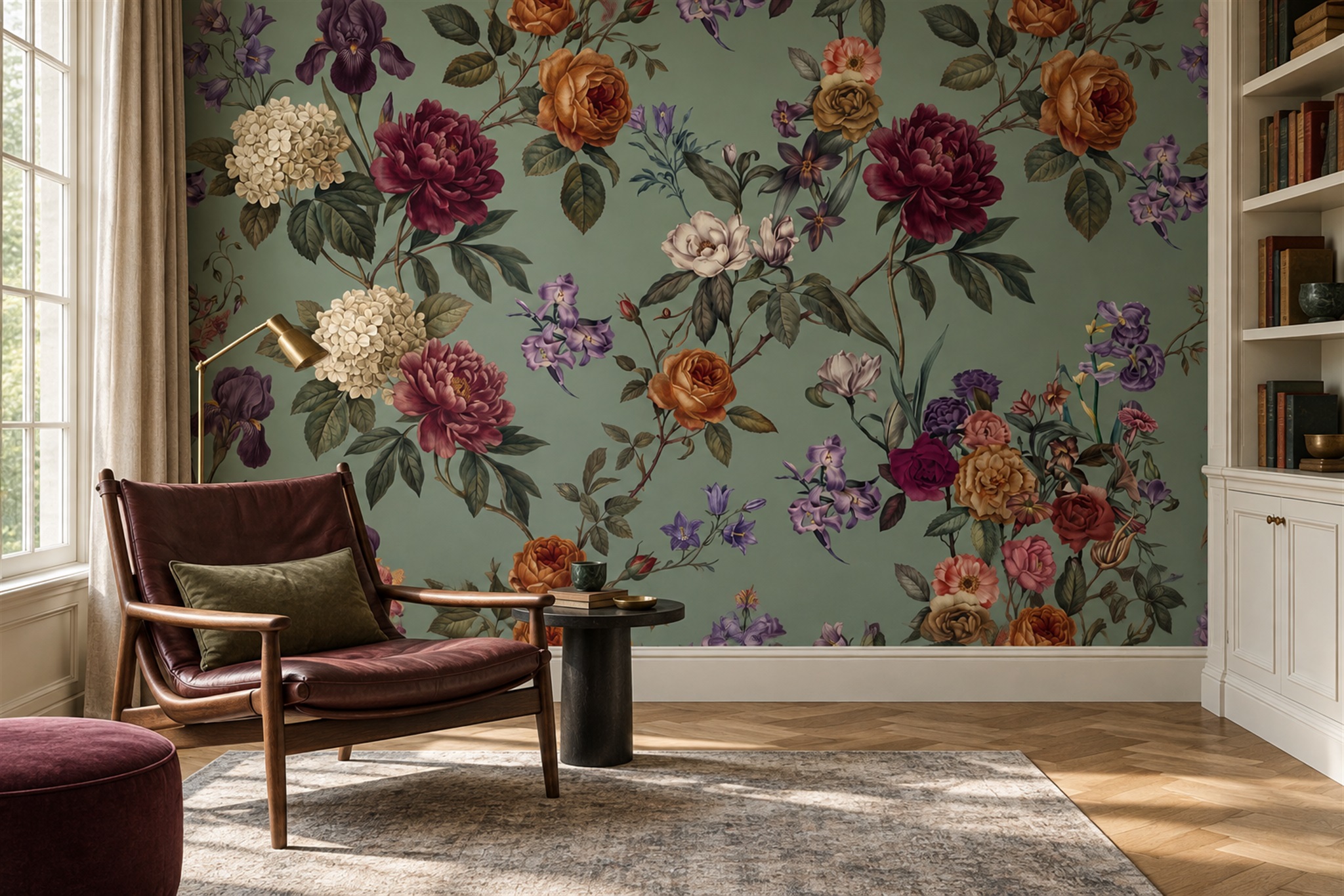 Sage Rose Botanical Wallpaper Mural Powder-room-wallpaper-murals, Peel-and-stick Finish