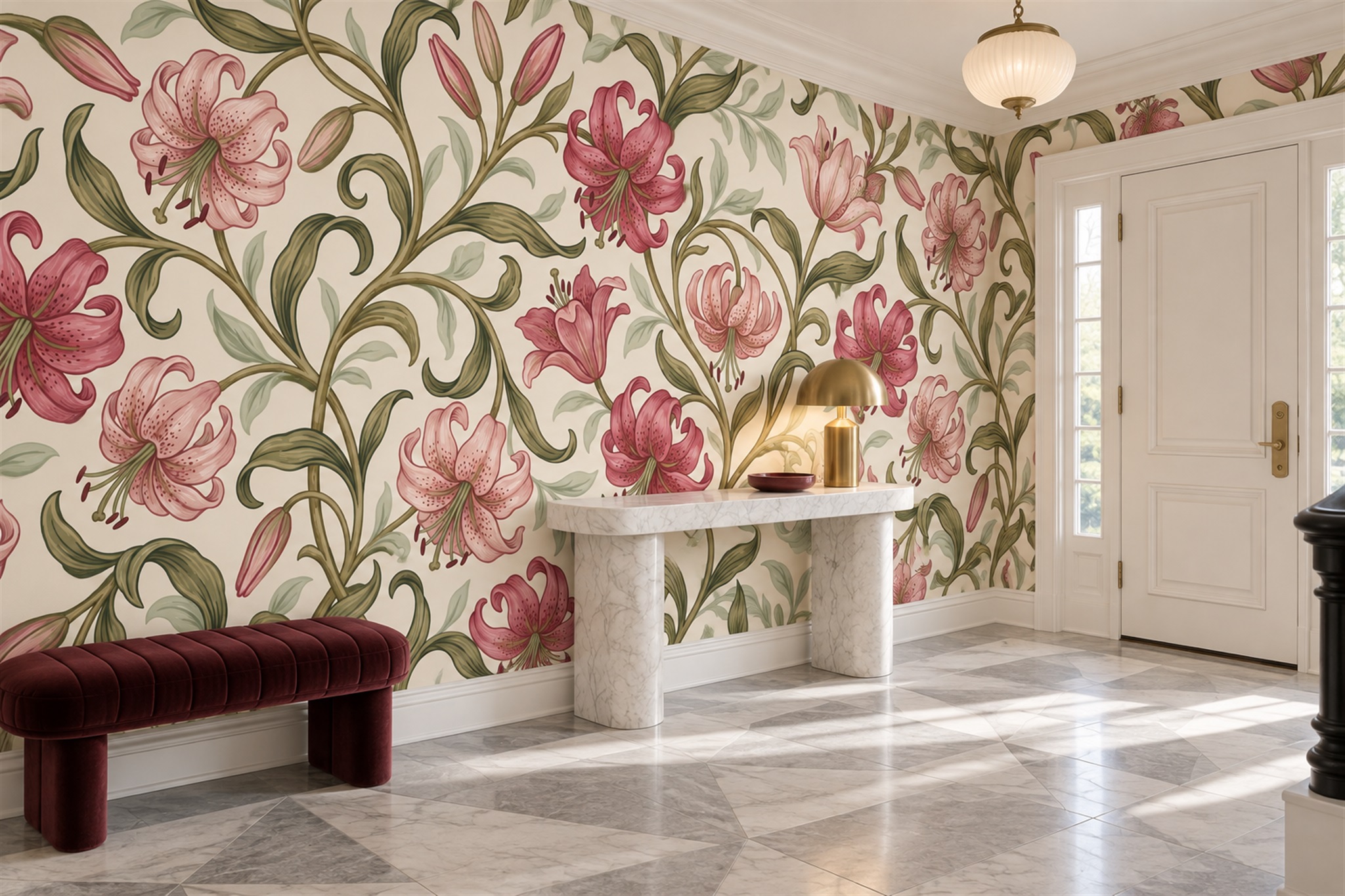 Pink Vine Botanical Wallpaper Mural Entryway-wallpaper-murals, Peel-and-stick Finish