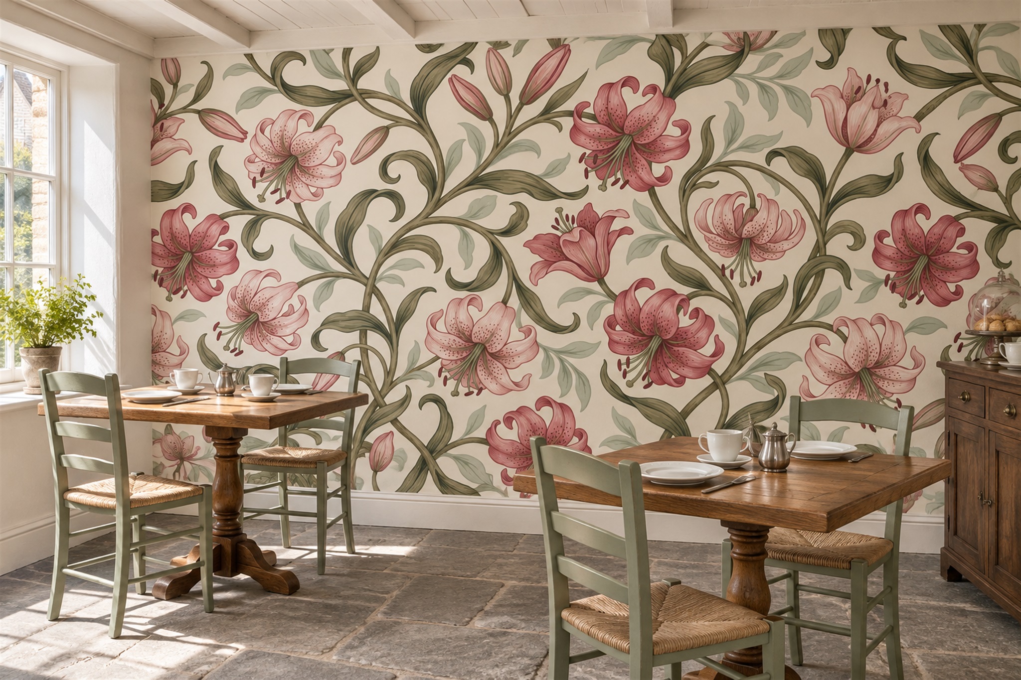 Pink Lily Vines And Curled Leaves Wallpaper Mural — Wallpaper Mural Design, Peel-and-stick Finish