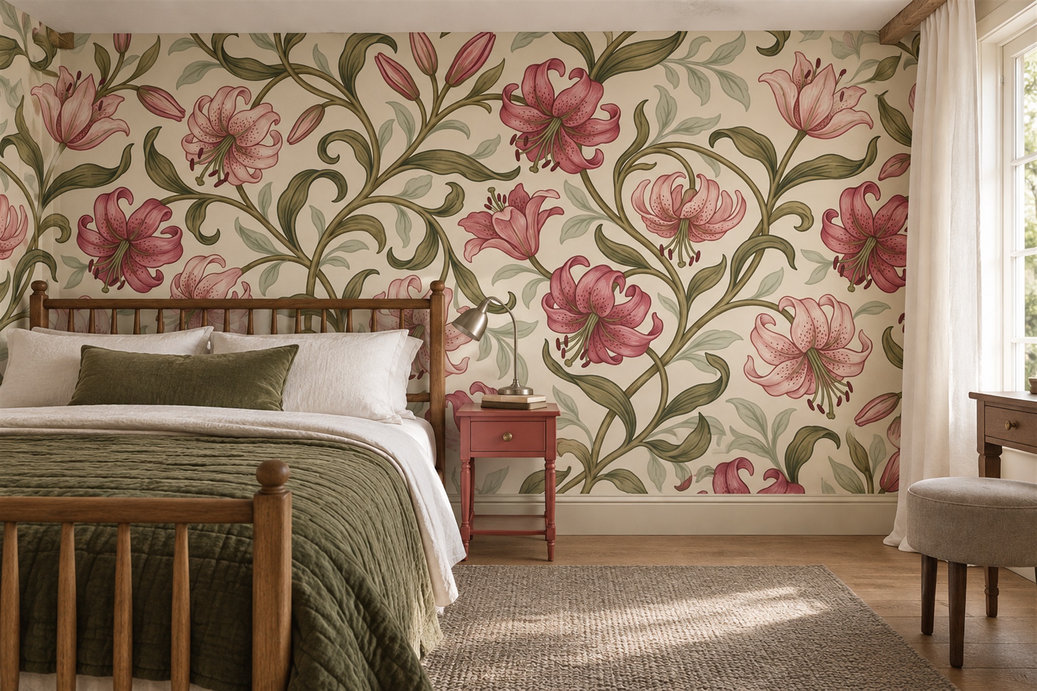 Pink Vine Botanical Wallpaper Mural Bedroom-wallpaper-murals, Peel-and-stick Finish