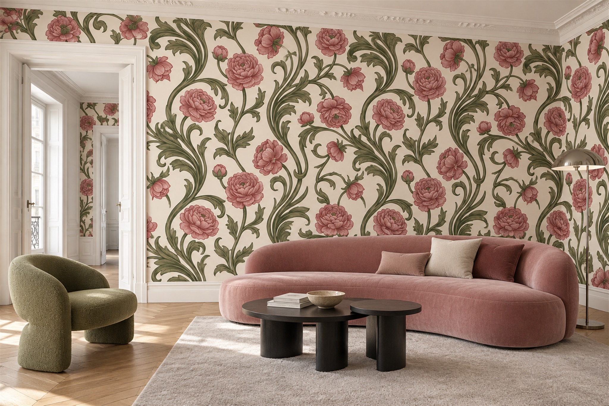 Pink Roses And Olive Scrollwork On Ivory Wallpaper Mural — Wallpaper Mural Design, Peel-and-stick Finish