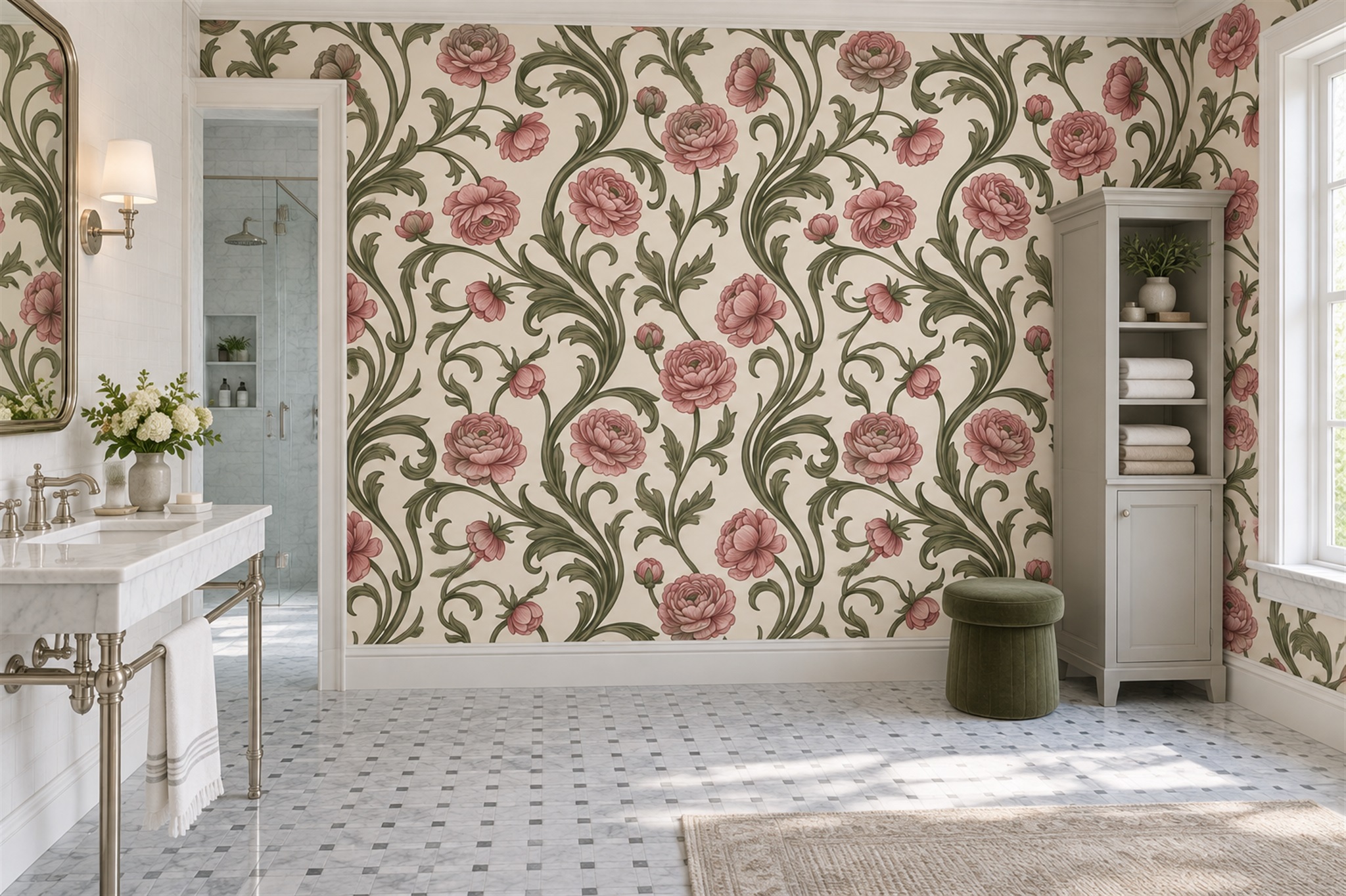 Pink Floral Botanical Decorative Wallpaper Mural Bathroom-wallpaper-murals, Peel-and-stick Finish