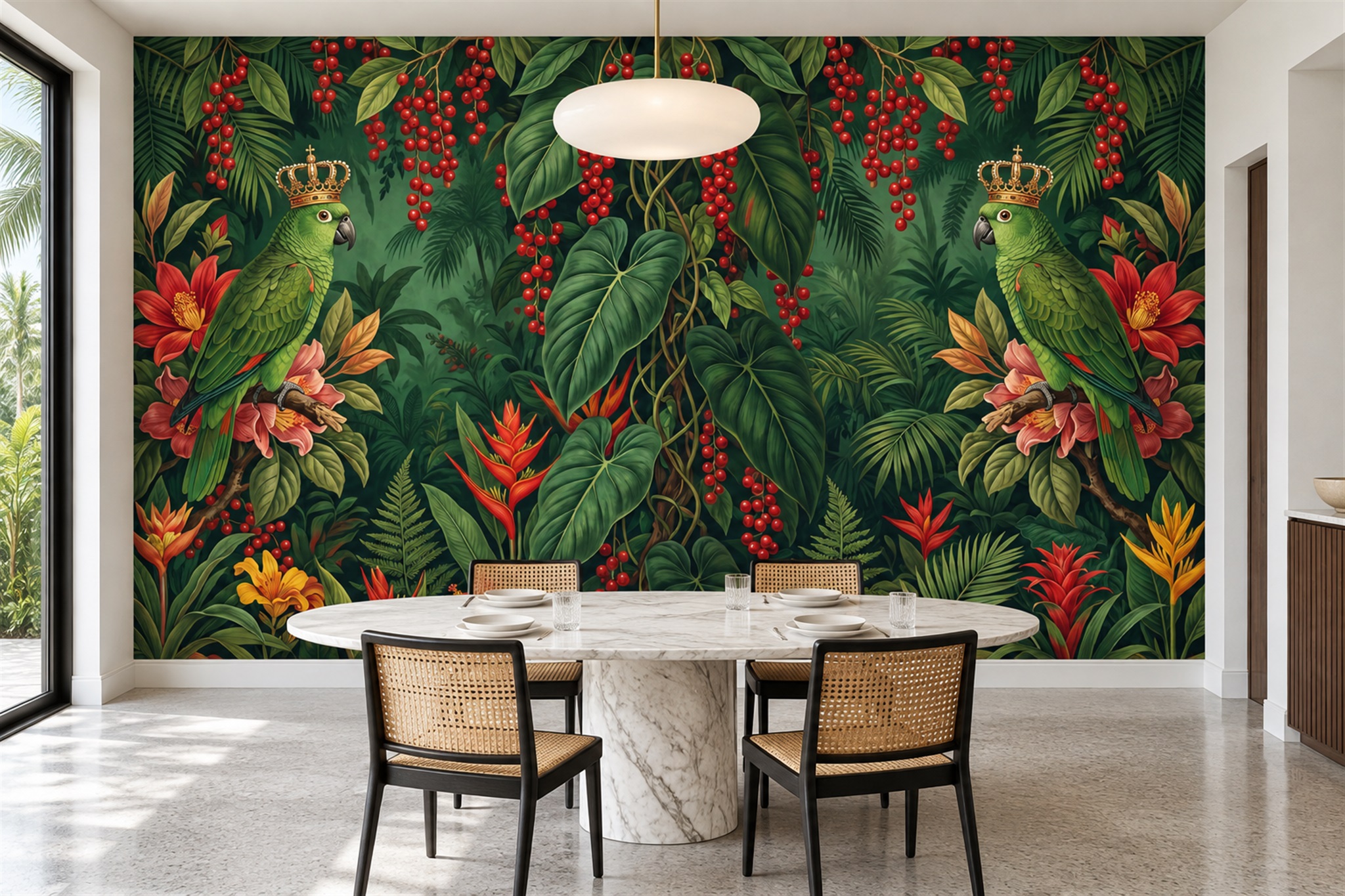 Green Parrot Illustrated Abstract Wallpaper Mural Dining-room-wallpaper-murals, Shown In A Dining Room, Peel-and-stick Finish