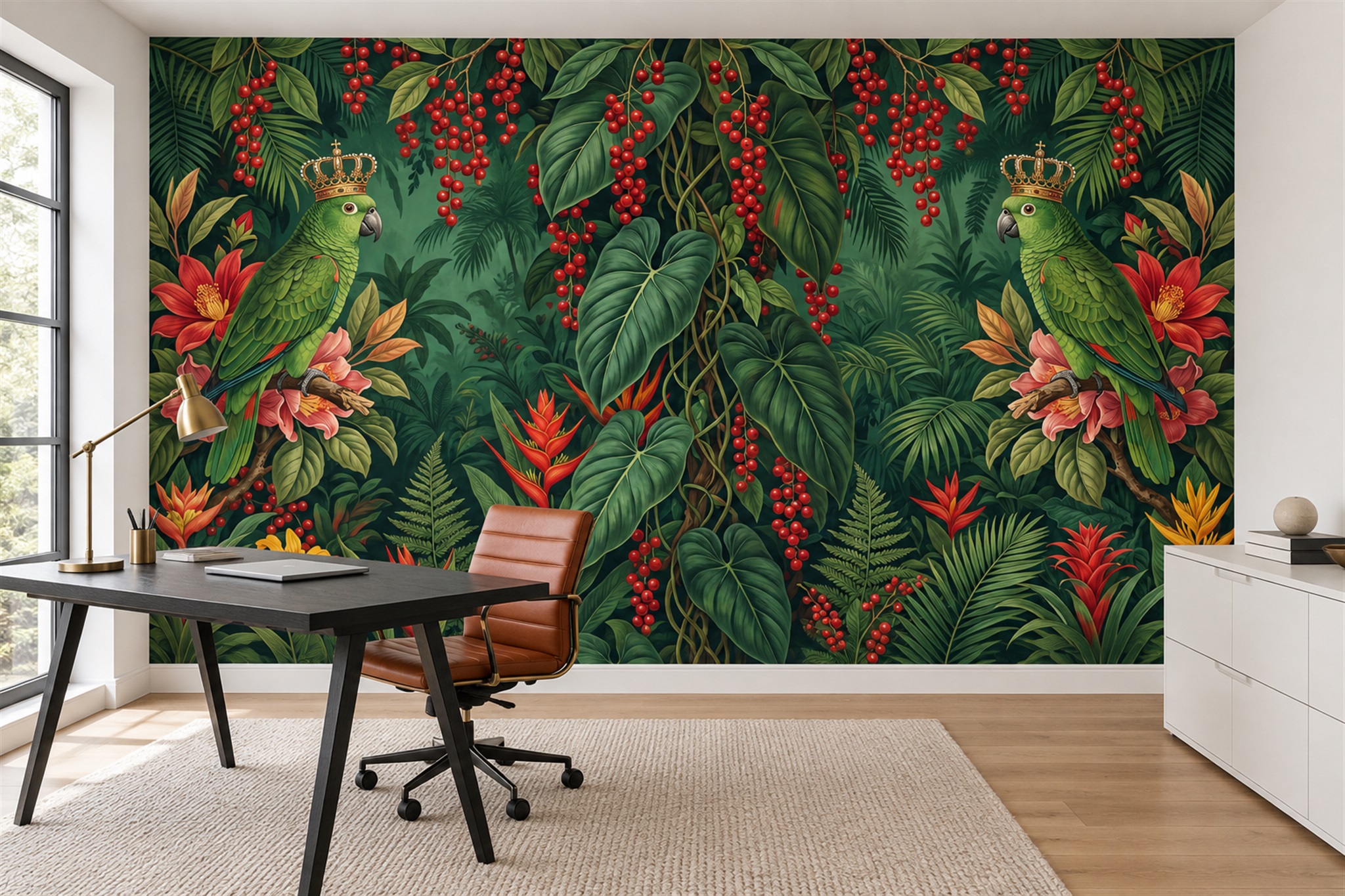 Green Parrot Illustrated Abstract Wallpaper Mural Office-wallpaper-murals, Shown In A Home Office, Peel-and-stick Finish