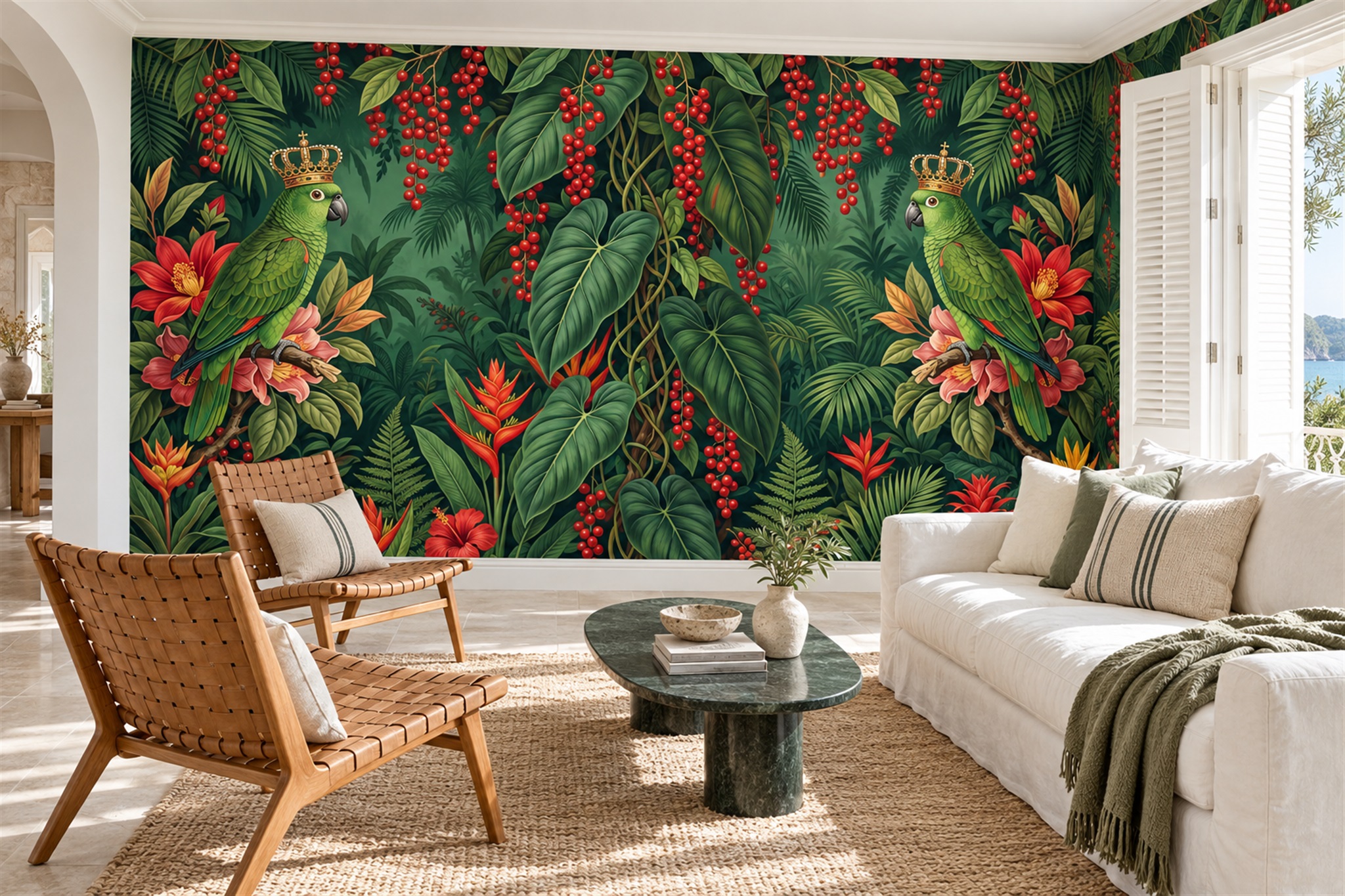 Crowned Green Parrots In A Tropical Garden Wallpaper Mural — Wallpaper Mural Design, Peel-and-stick Finish