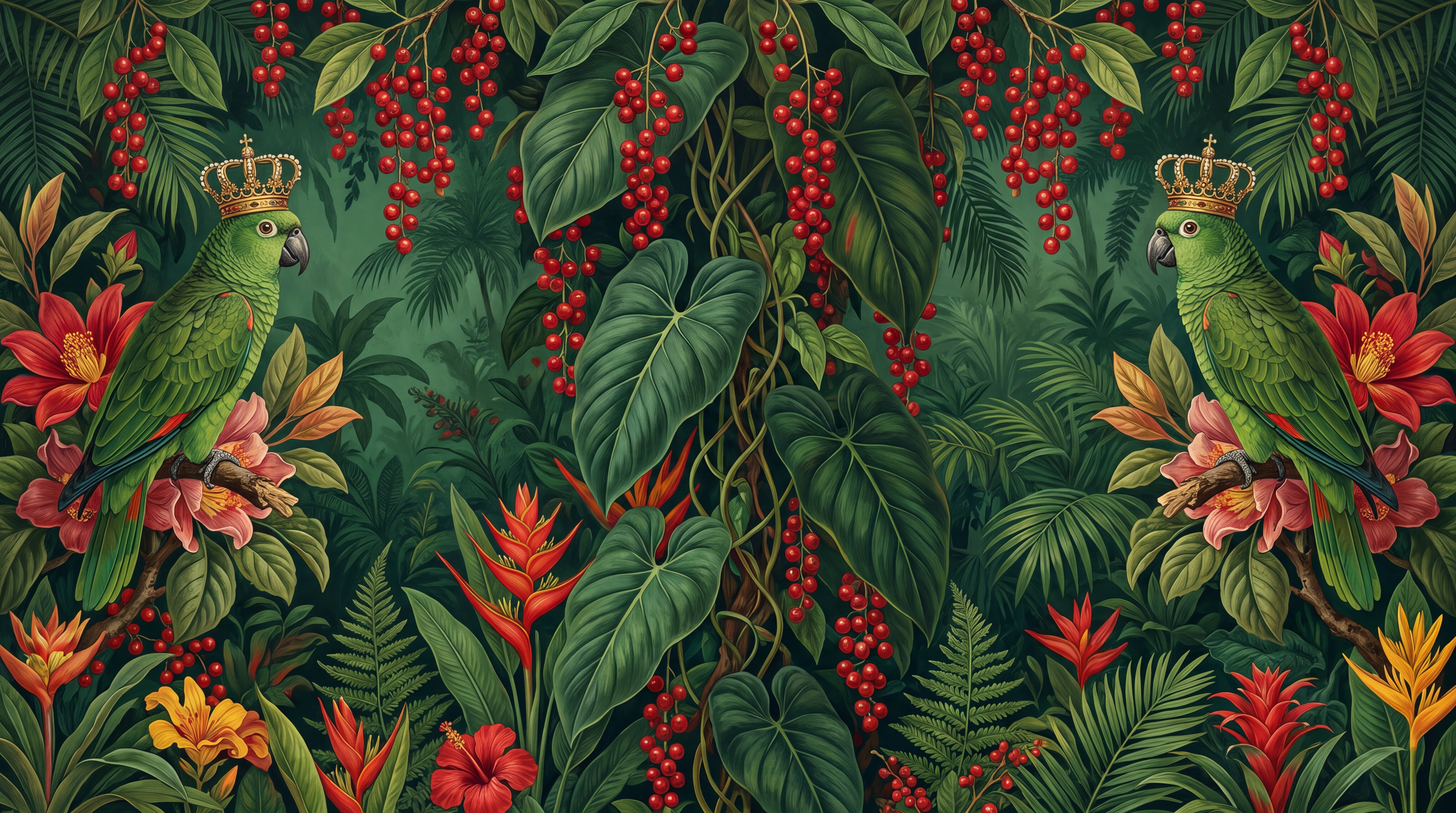 Green Parrot Illustrated Abstract Wallpaper Mural Accent-wall-wallpaper-murals, Peel-and-stick Finish