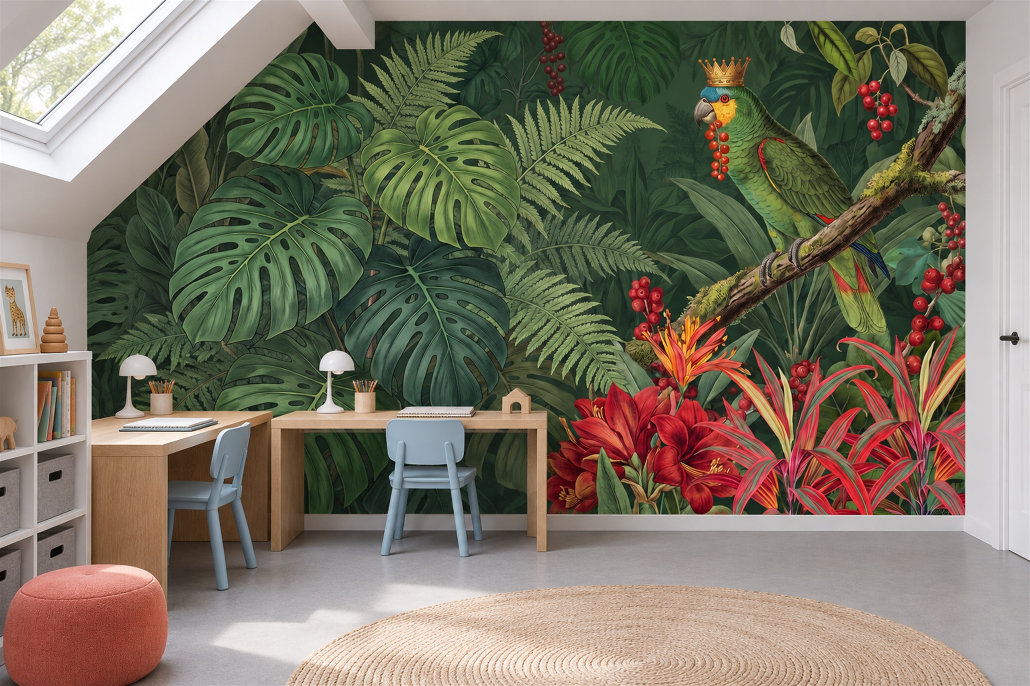 Green Jungle Scenic Tropical Wallpaper Mural Office-wallpaper-murals, Shown In A Home Office, Peel-and-stick Finish