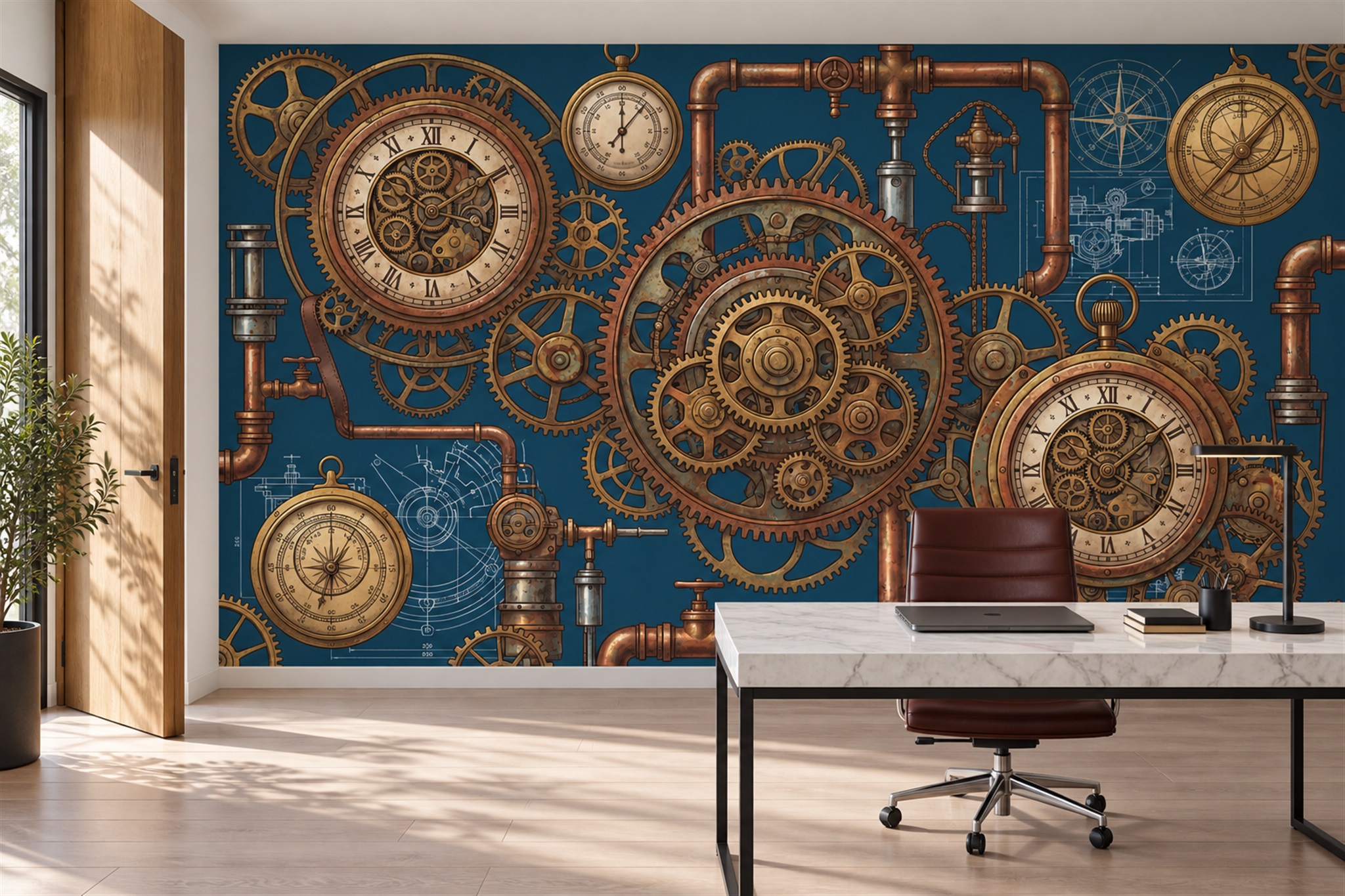 Gold Pattern Decorative Wallpaper Mural Office-wallpaper-murals, Shown In A Home Office, Peel-and-stick Finish