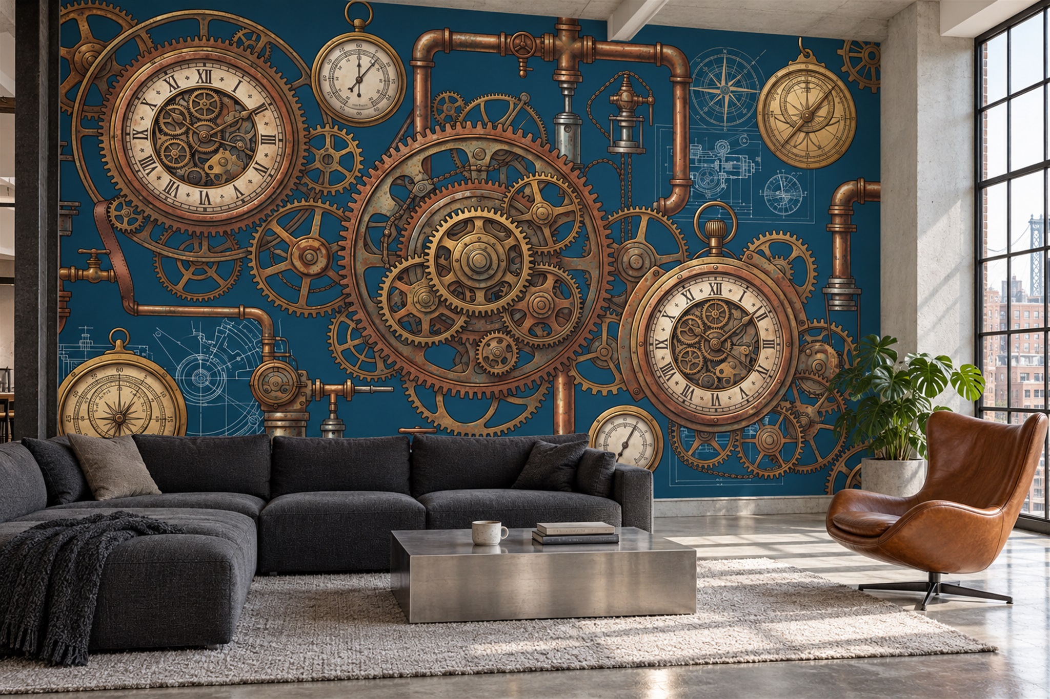 Steampunk Clocks Gears And Pipes Wallpaper Mural — Wallpaper Mural Design, Peel-and-stick Finish