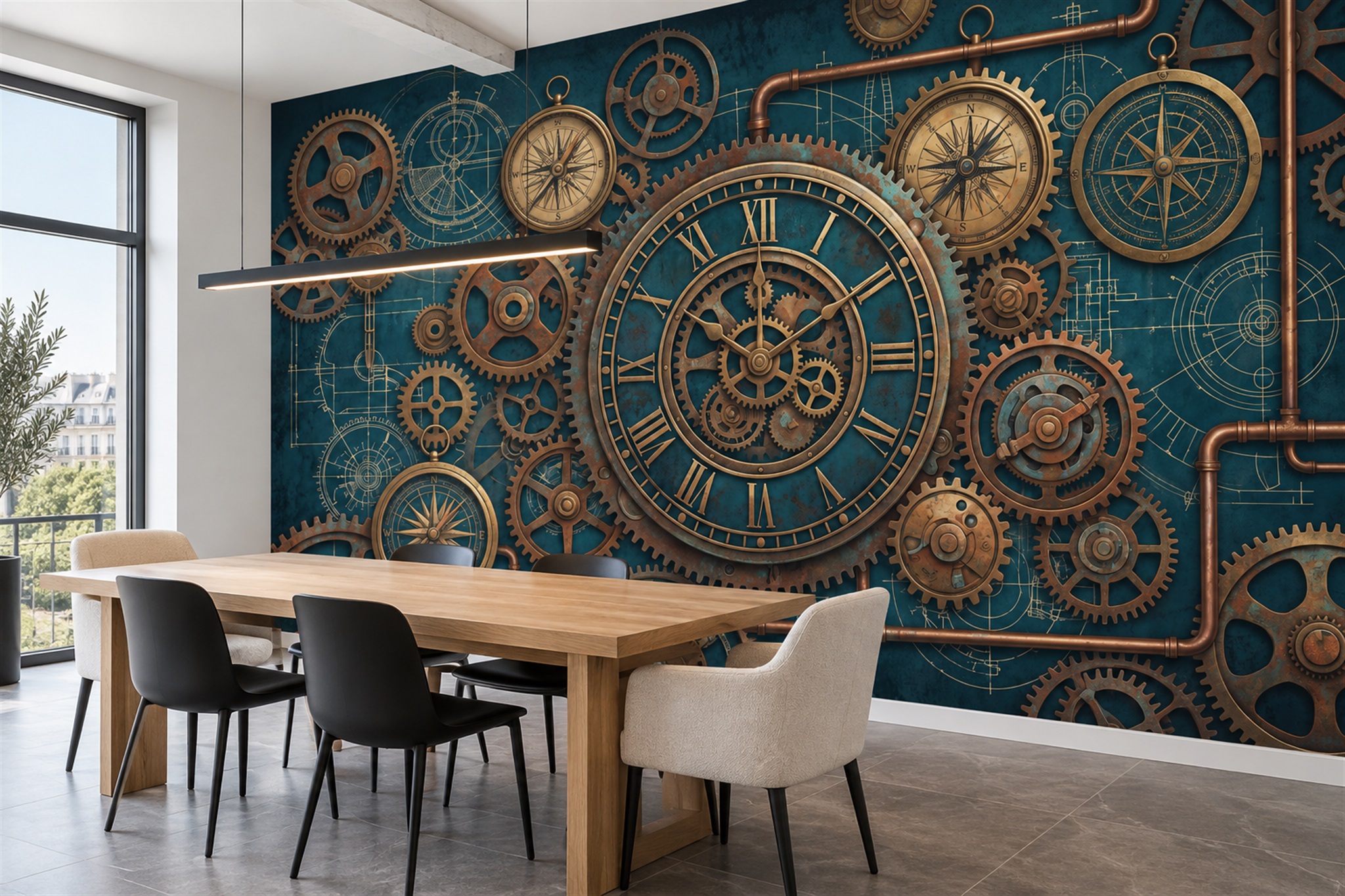 Teal Pattern Decorative Painterly Wallpaper Mural Dining-room-wallpaper-murals, Shown In A Dining Room, Peel-and-stick Finish