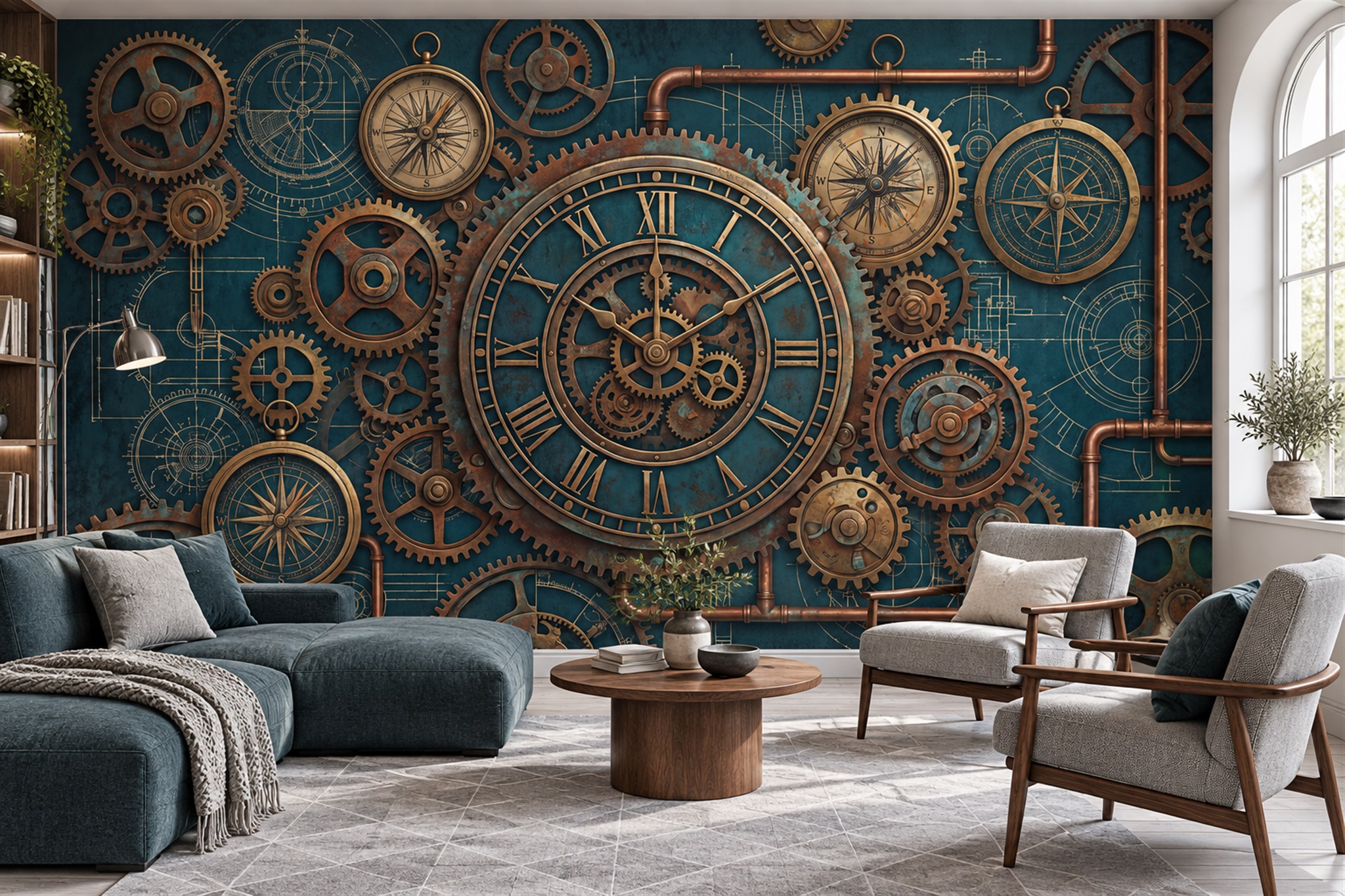 Teal Clockwork Gears And Compass Wallpaper Mural — Wallpaper Mural Design, Peel-and-stick Finish