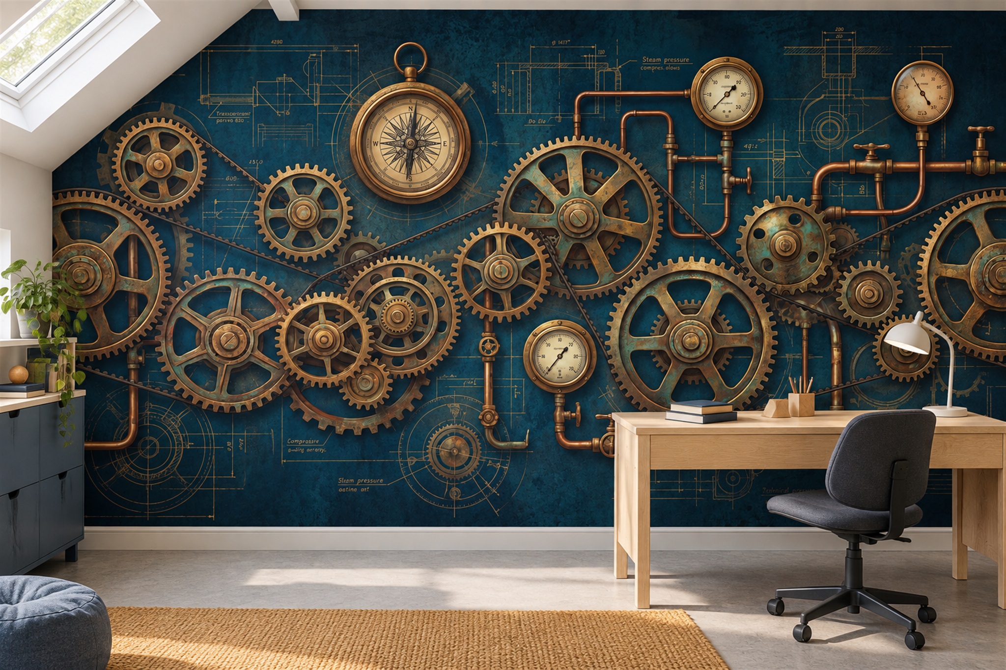 Steampunk Gears Pipes And Gauges Wallpaper Mural — Installed Wallpaper Mural In A Home Office, Peel-and-stick Finish