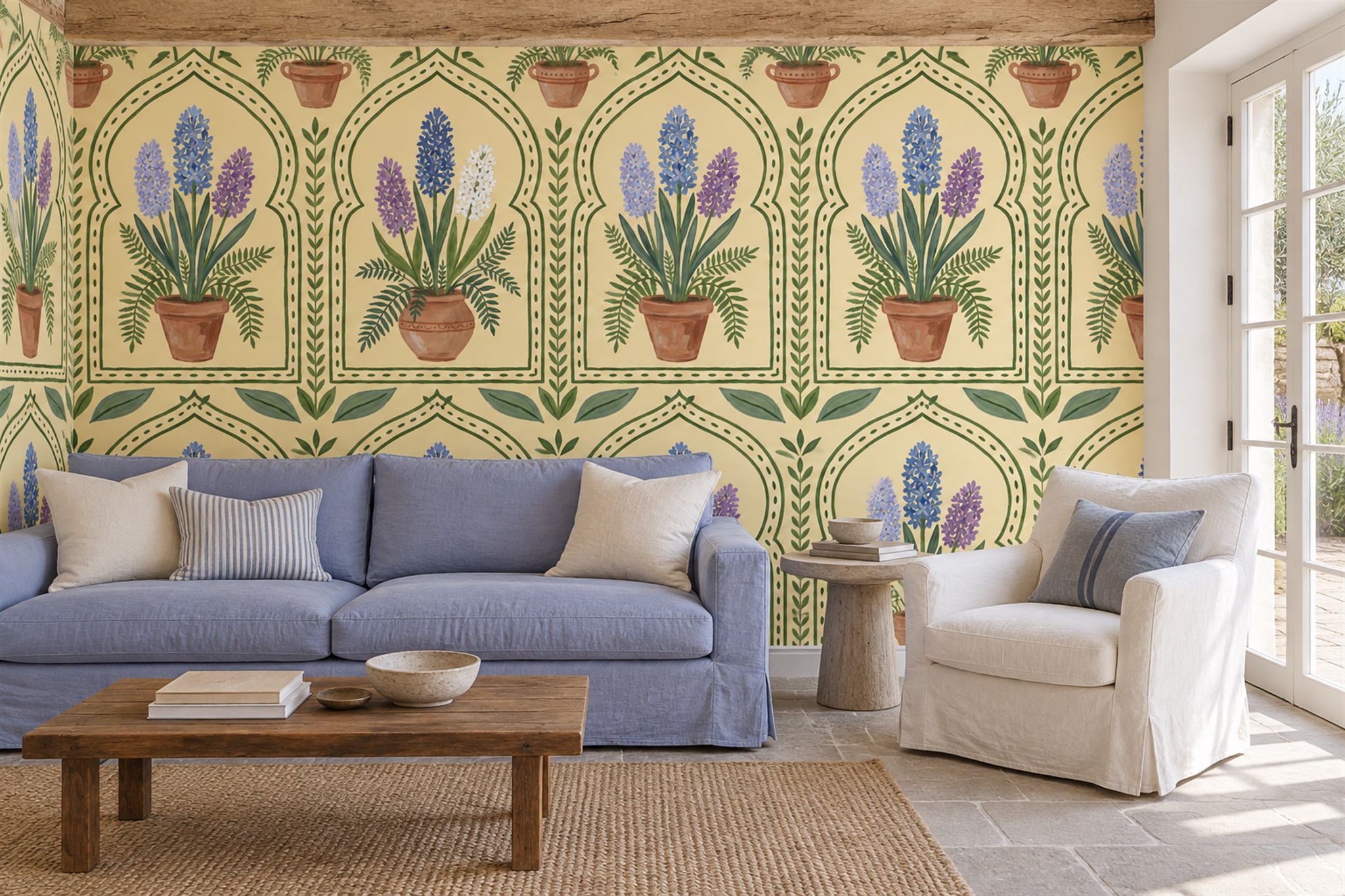 Potted Flower Arch Repeat Wallpaper Mural — Wallpaper Mural Design, Peel-and-stick Finish