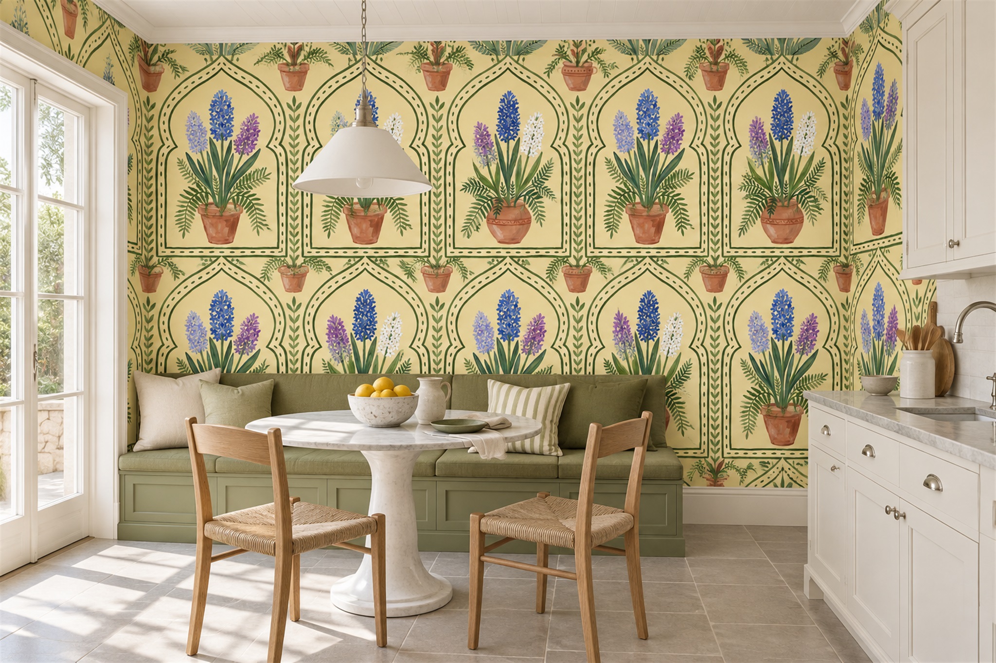 Neutral Pattern Decorative Wallpaper Mural Dining-room-wallpaper-murals, Shown In A Dining Room, Peel-and-stick Finish