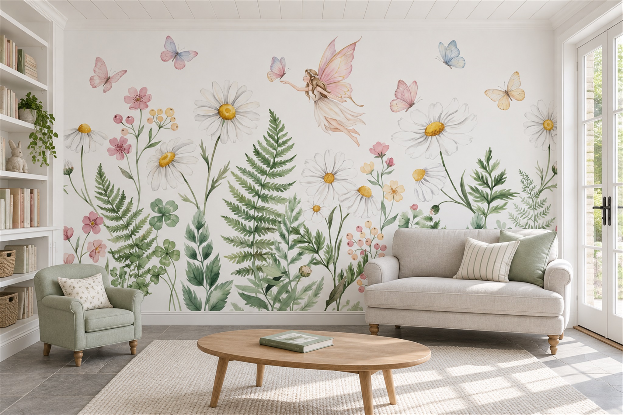 Fairy, Butterflies And Daisies On White Wallpaper Mural — Wallpaper Mural Design, Peel-and-stick Finish