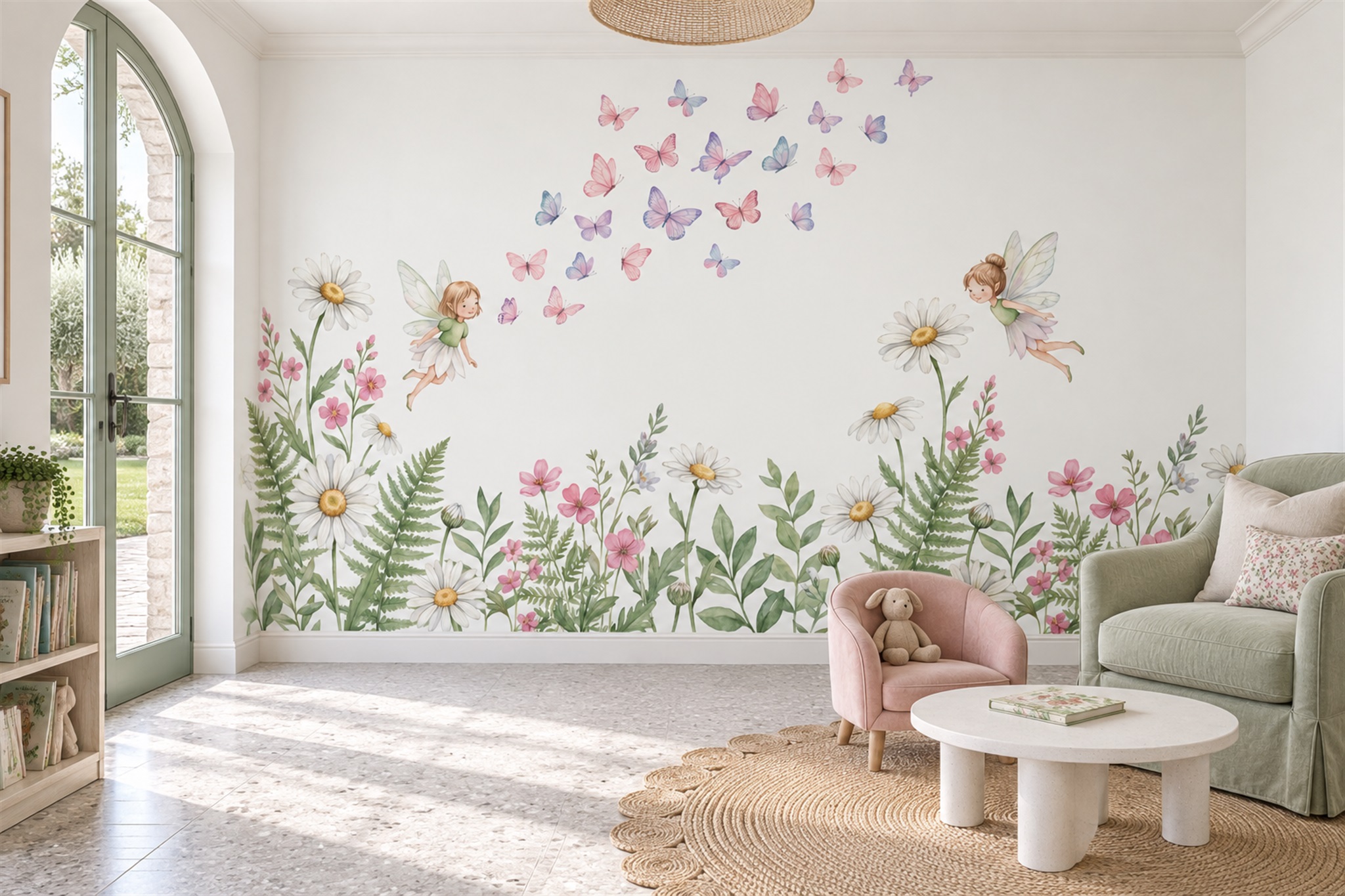 Fairies, Butterflies And Daisy Border Wallpaper Mural — Wallpaper Mural Design, Peel-and-stick Finish