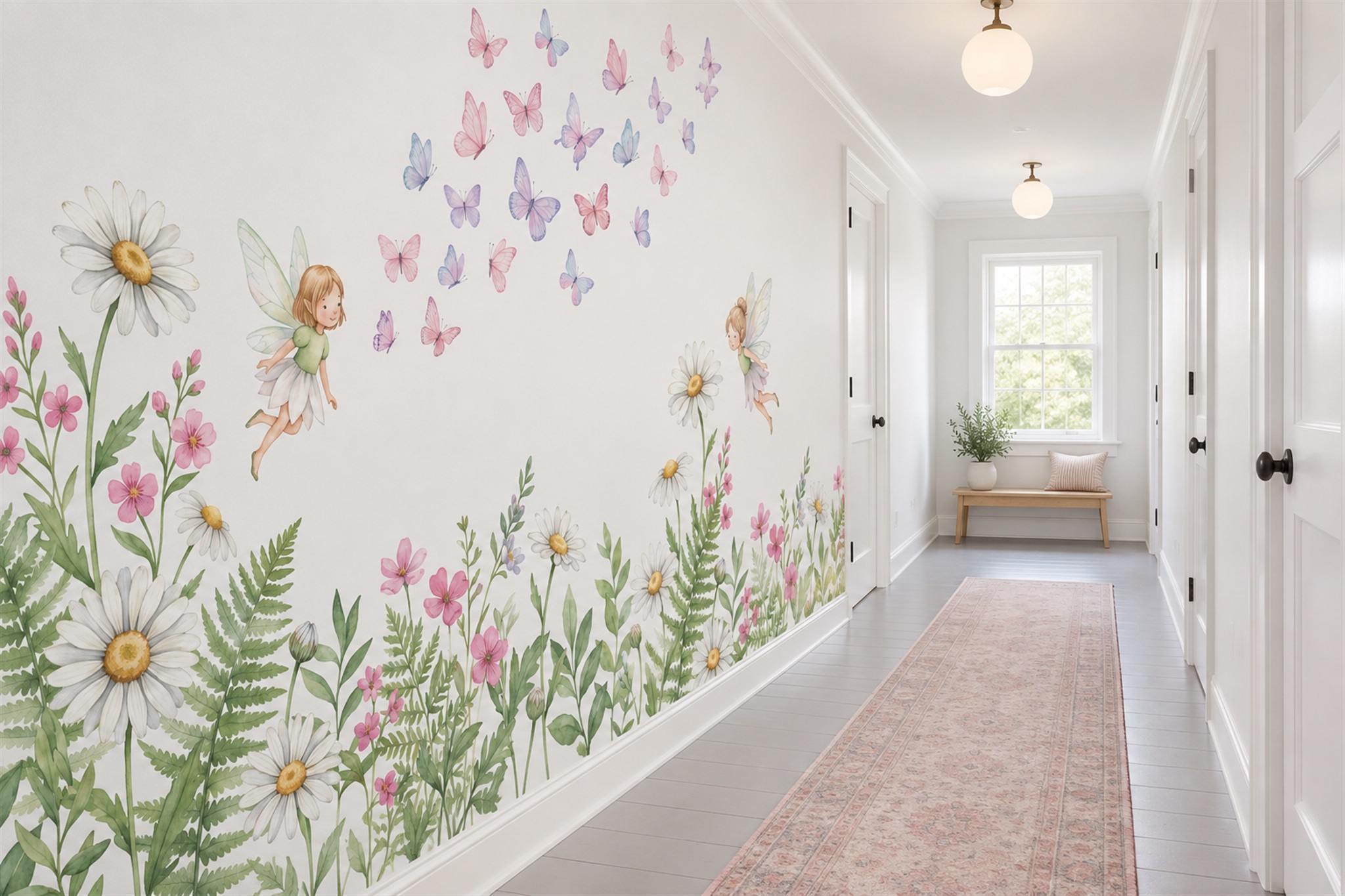 Pink Butterfly Illustrated Wallpaper Mural Hallway-wallpaper-murals, Peel-and-stick Finish