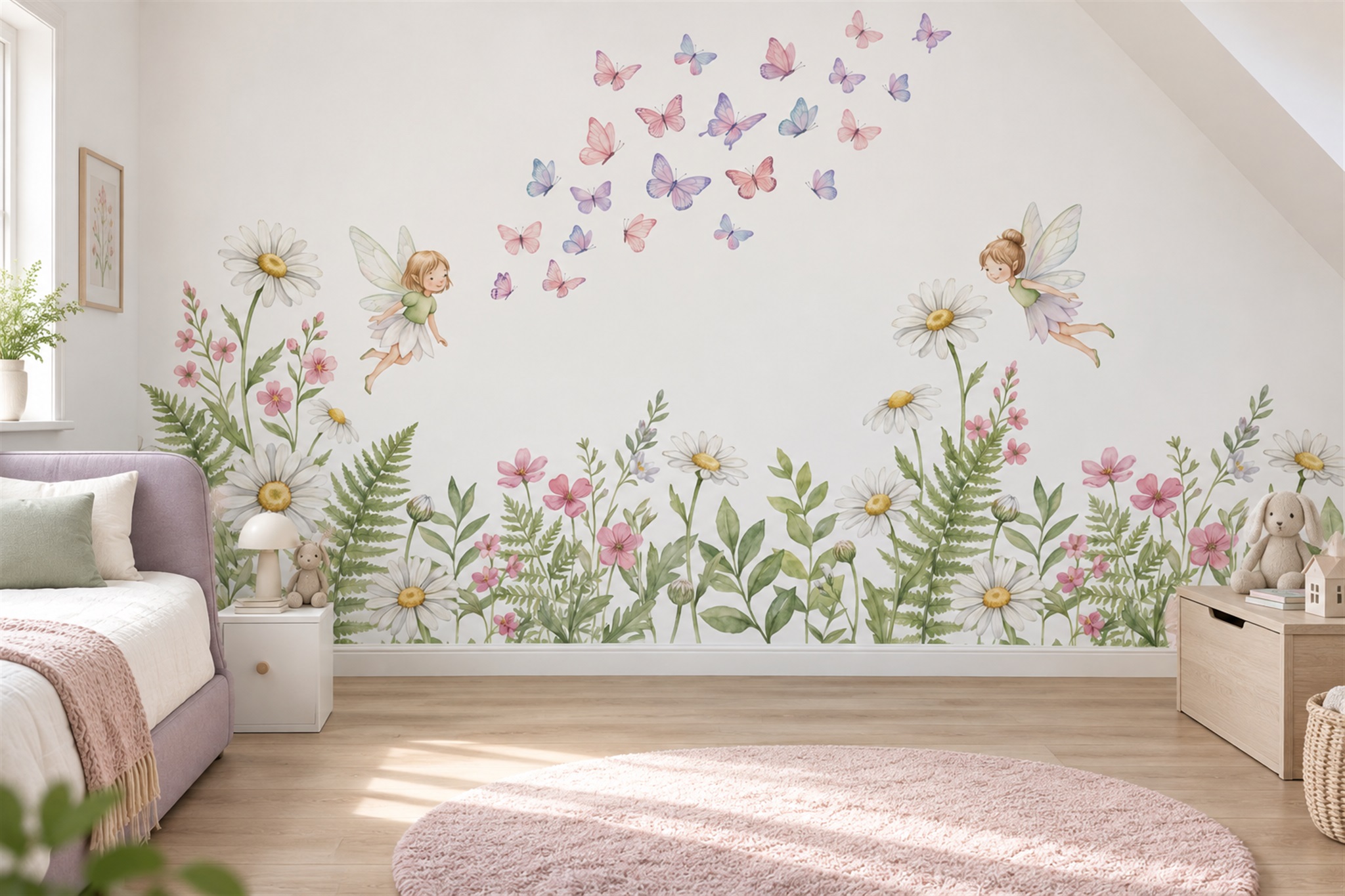 Pink Butterfly Illustrated Wallpaper Mural Accent-wall-wallpaper-murals, Peel-and-stick Finish