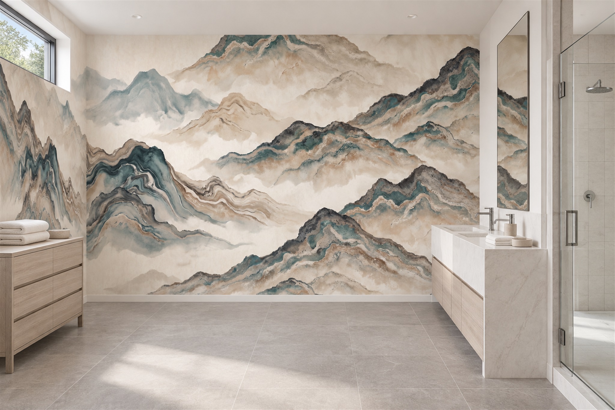 Beige Mountain Scenic Wallpaper Mural Bathroom-wallpaper-murals, Peel-and-stick Finish