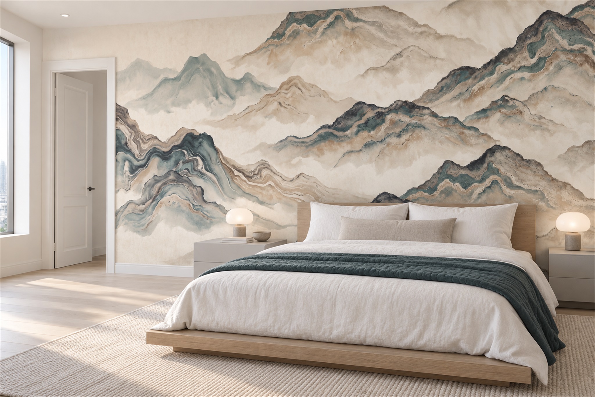 Layered beige and blue-grey mountain mural behind a low timber bed