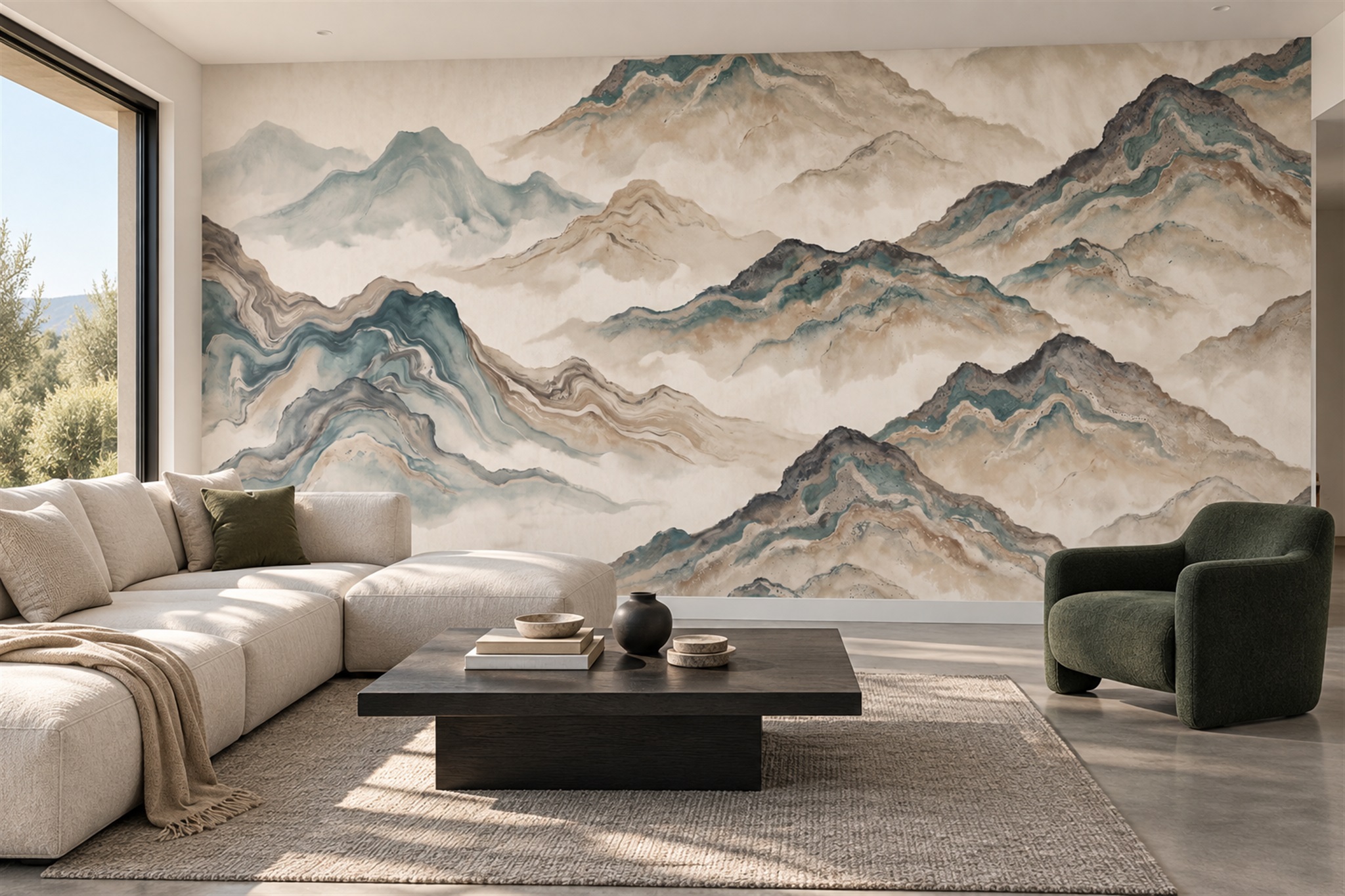Beige Mountain Scenic Wallpaper Mural Accent-wall-wallpaper-murals, Peel-and-stick Finish