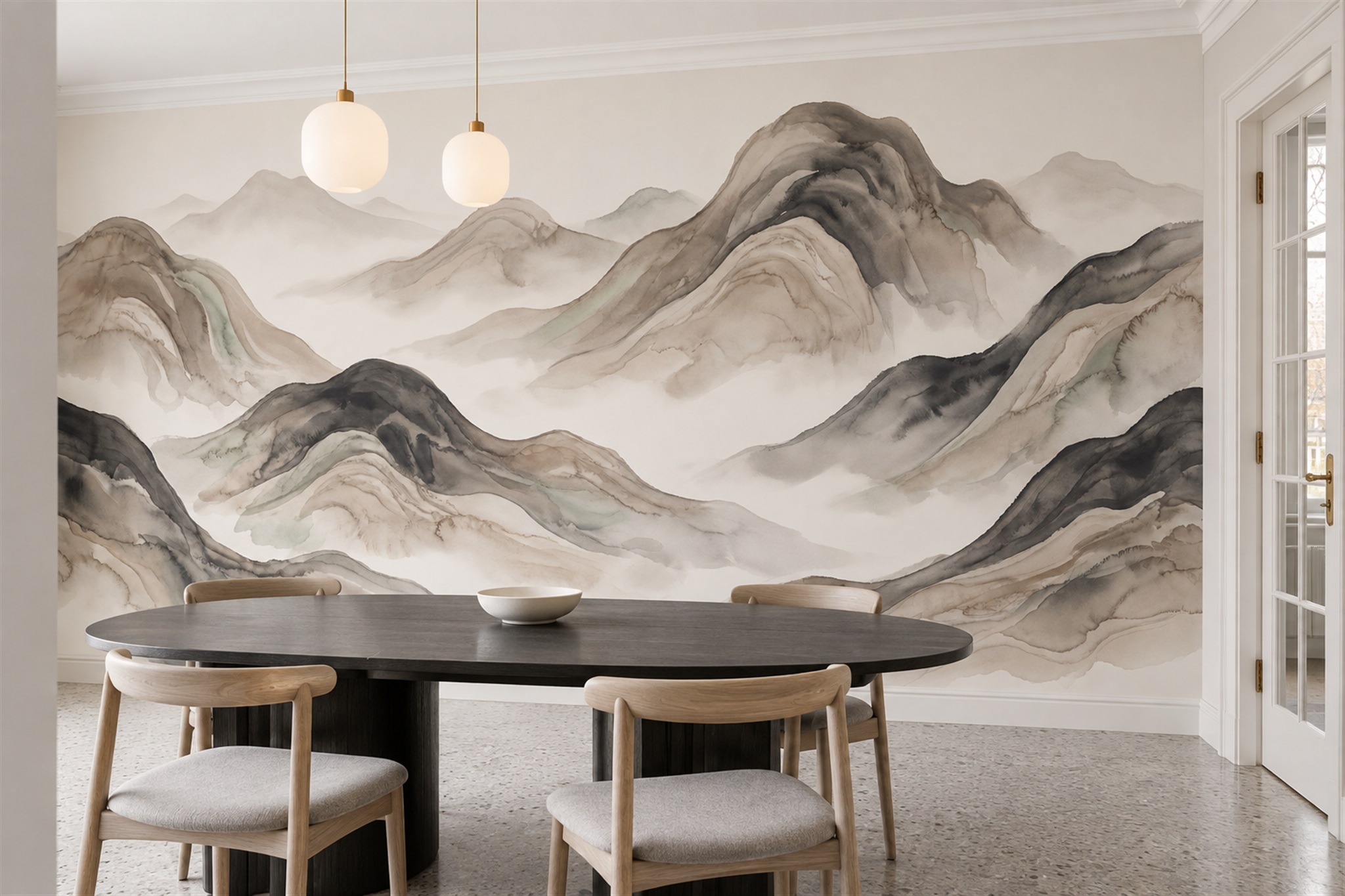 Taupe Hills Scenic Wallpaper Mural Dining-room-wallpaper-murals, Shown In A Dining Room, Peel-and-stick Finish