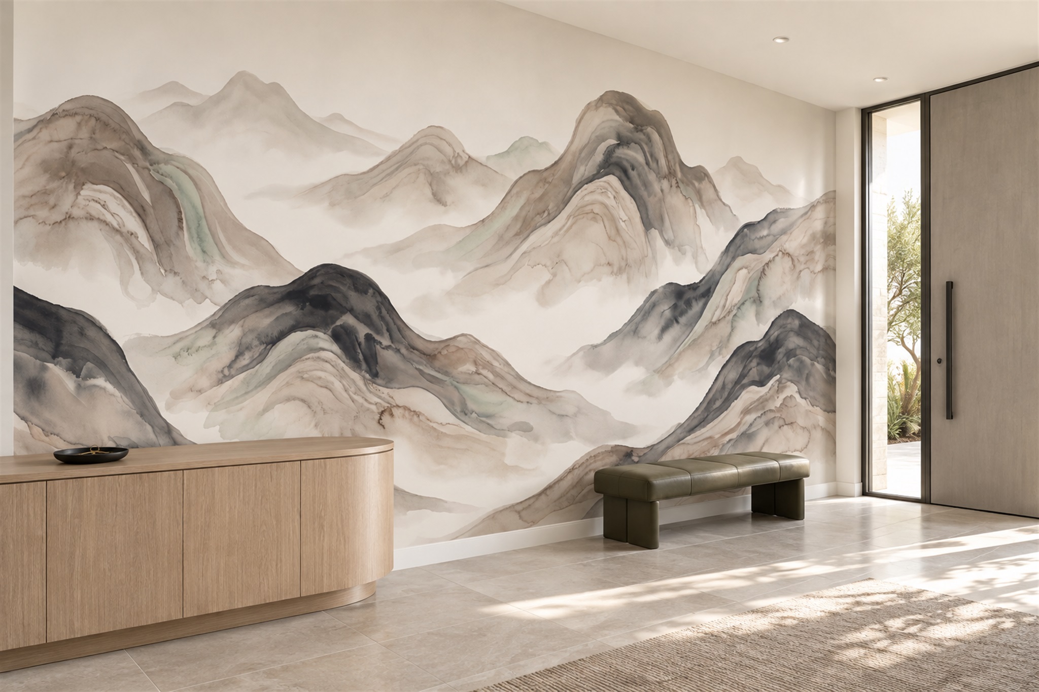 Taupe Hills Scenic Wallpaper Mural Entryway-wallpaper-murals, Peel-and-stick Finish