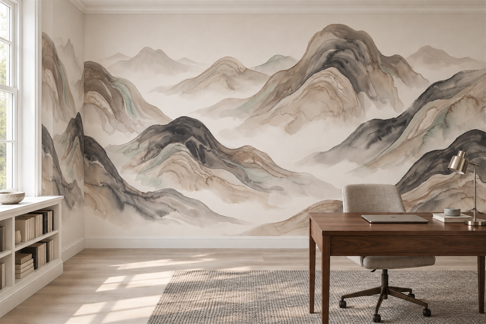 What Mural Wallpaper Works with Neutral Interiors? — installed wallpaper mural in a home office, peel-and-stick finish
