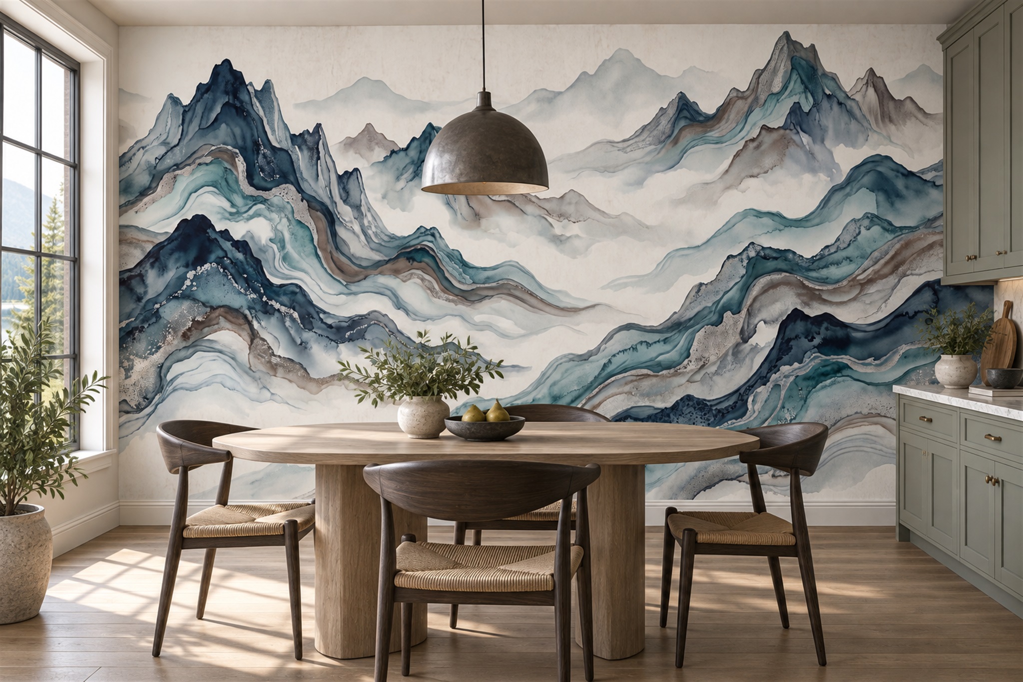 Blue Pattern Decorative Layered Wallpaper Mural Dining-room-wallpaper-murals, Shown In A Dining Room, Peel-and-stick Finish