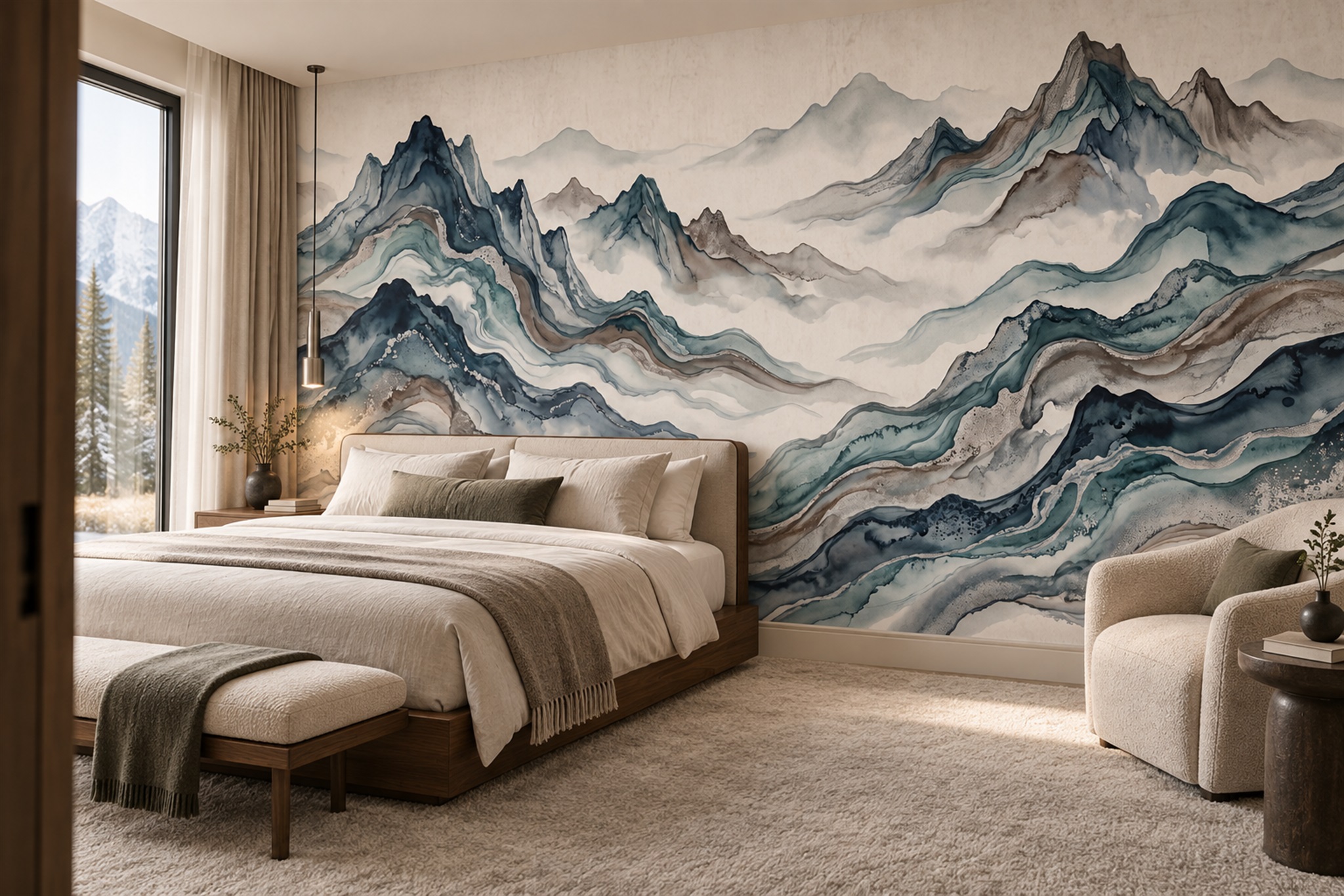 Blue Pattern Decorative Layered Wallpaper Mural Bedroom-wallpaper-murals, Peel-and-stick Finish