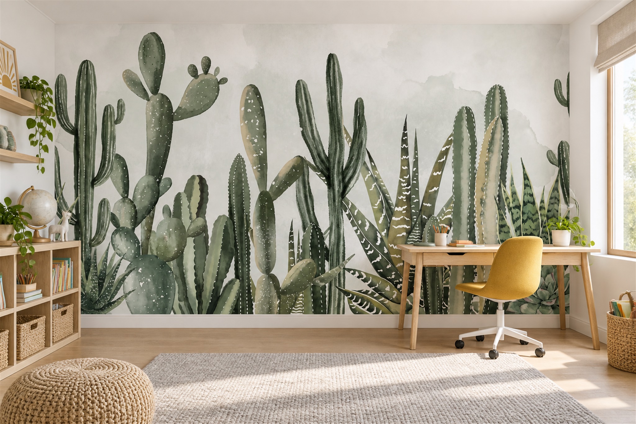 Green Cactus Artful Wallpaper Mural Office-wallpaper-murals, Shown In A Home Office, Peel-and-stick Finish