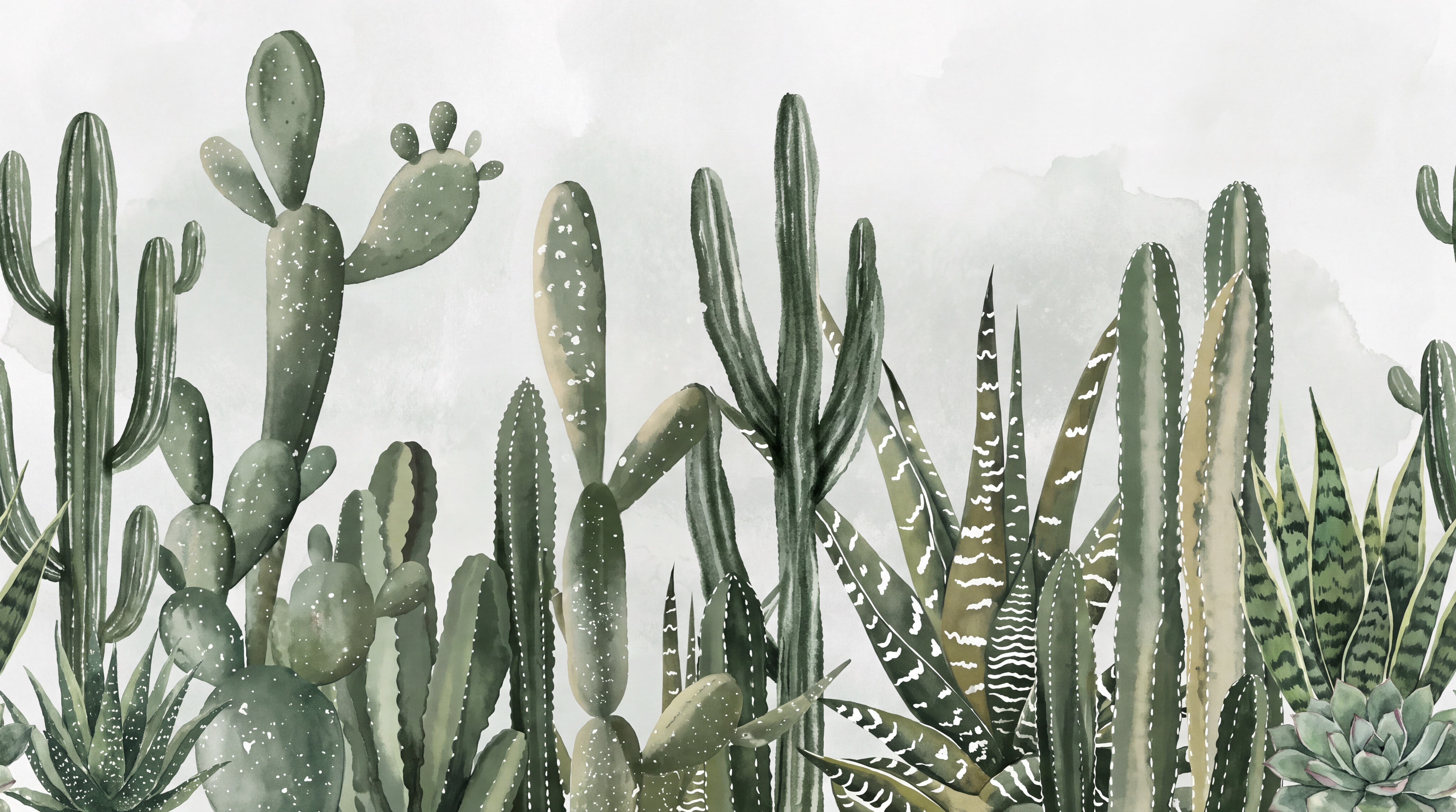 Green Cactus Artful Wallpaper Mural, Peel-and-stick Finish