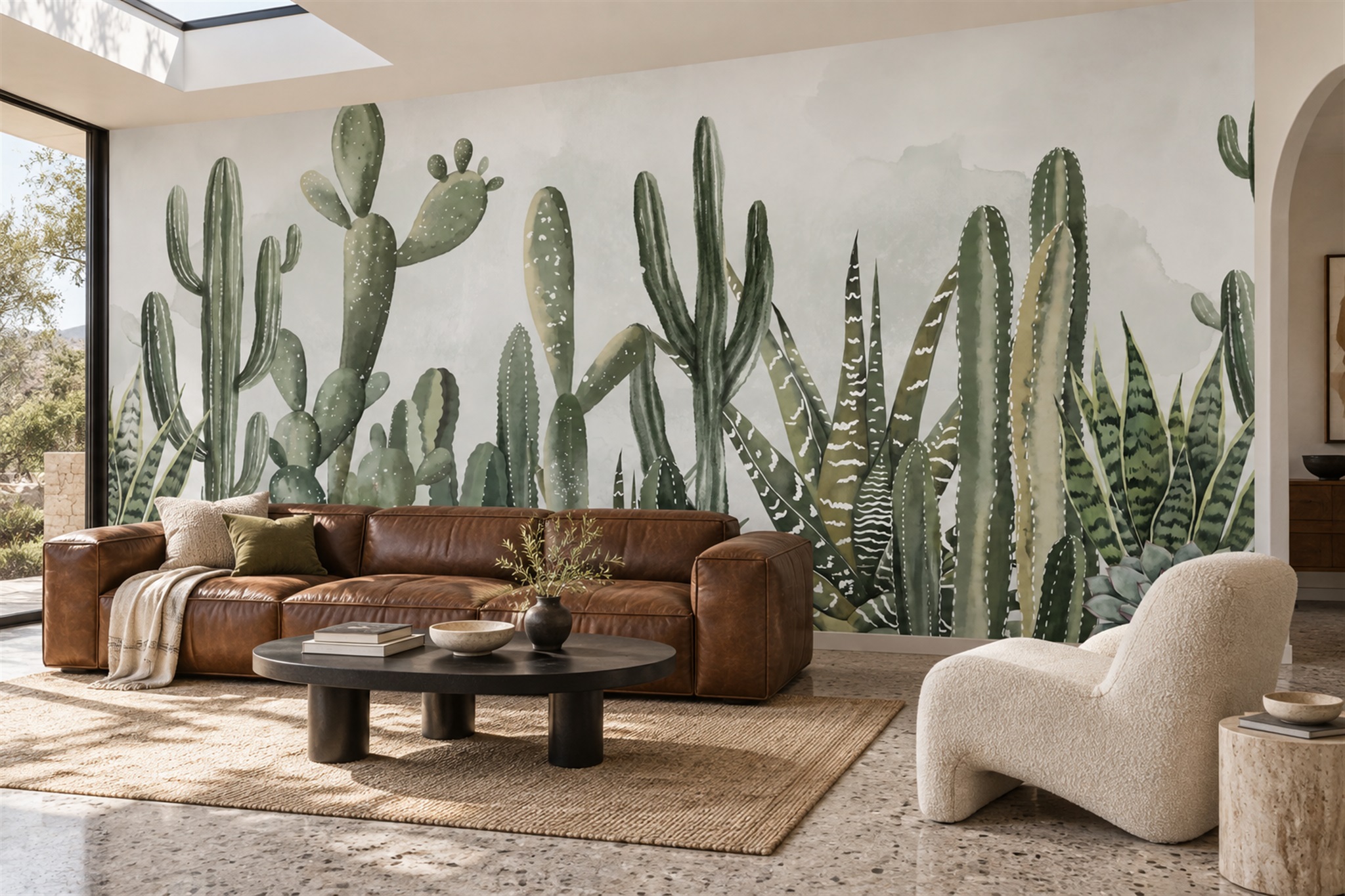 Green Cactus Artful Wallpaper Mural Accent-wall-wallpaper-murals, Peel-and-stick Finish