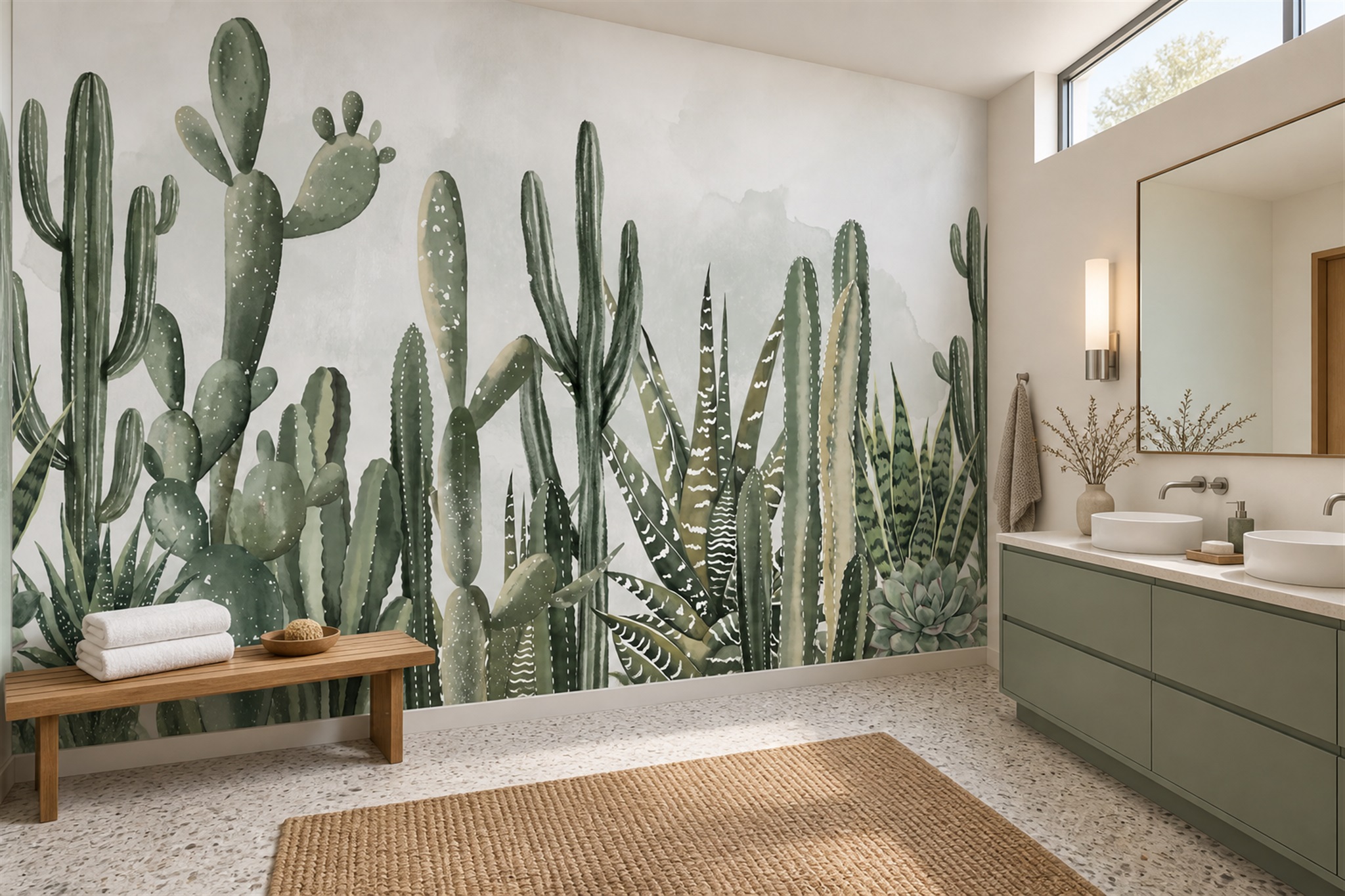Green Cactus Artful Wallpaper Mural Accent-wall-wallpaper-murals, Peel-and-stick Finish