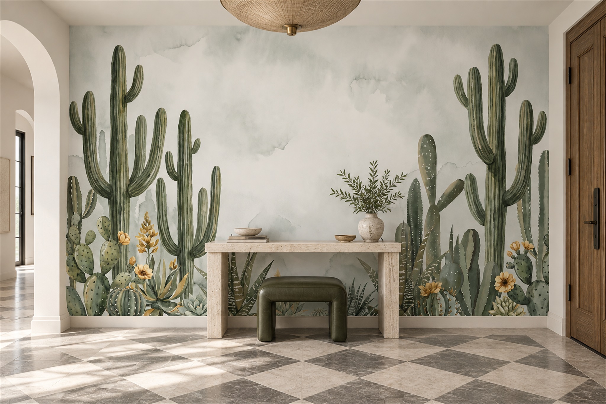 Green Cactus Artful Decorative Wallpaper Mural Entryway-wallpaper-murals, Peel-and-stick Finish