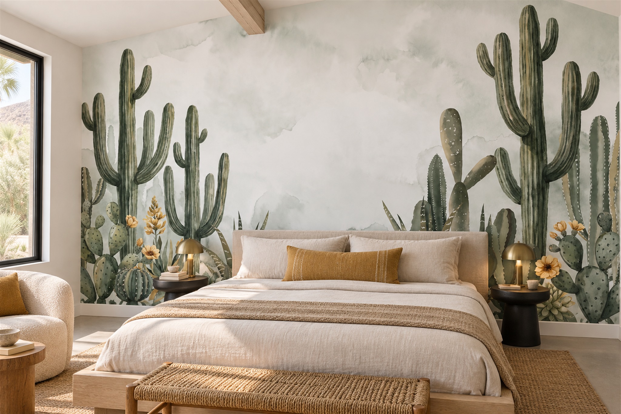 Green Cactus Artful Decorative Wallpaper Mural Bedroom-wallpaper-murals, Peel-and-stick Finish
