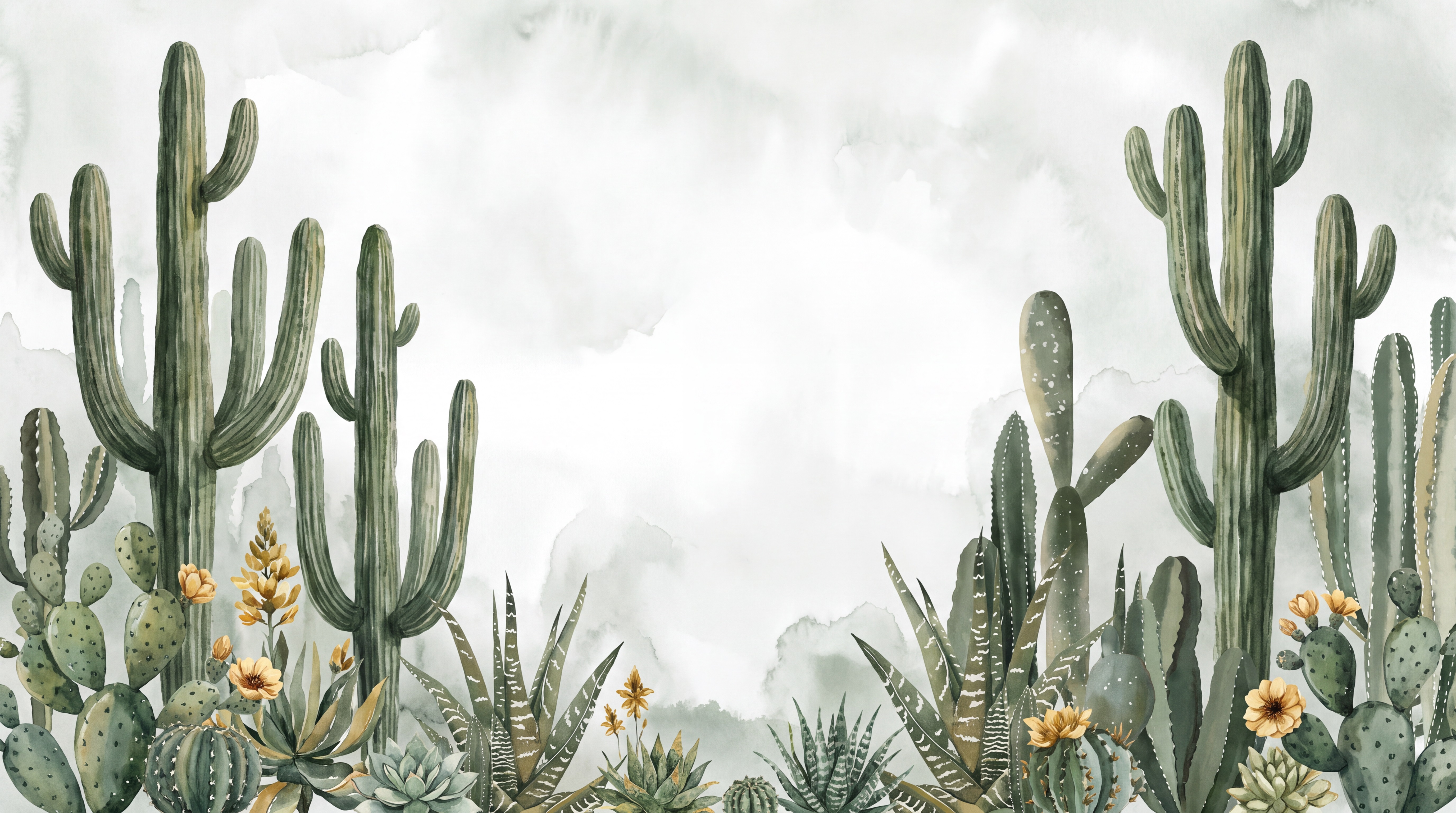 Green Cactus Artful Decorative Wallpaper Mural, Peel-and-stick Finish