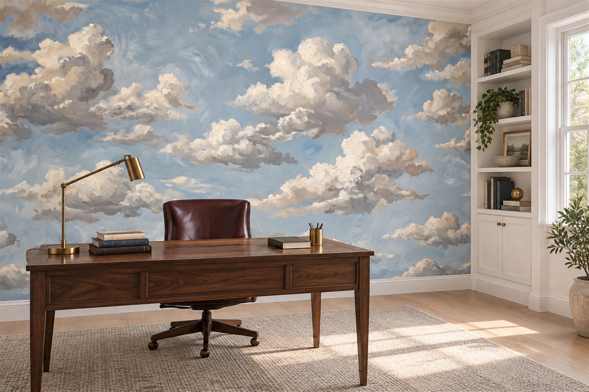 Blue Clouds Artful Wallpaper Mural Office-wallpaper-murals, Shown In A Home Office, Peel-and-stick Finish