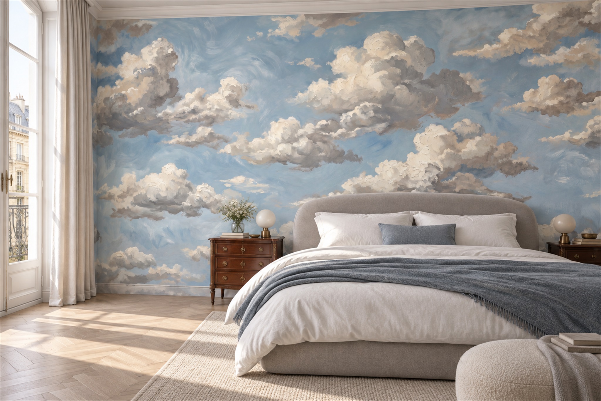 Blue Clouds Artful Wallpaper Mural Bedroom-wallpaper-murals, Peel-and-stick Finish