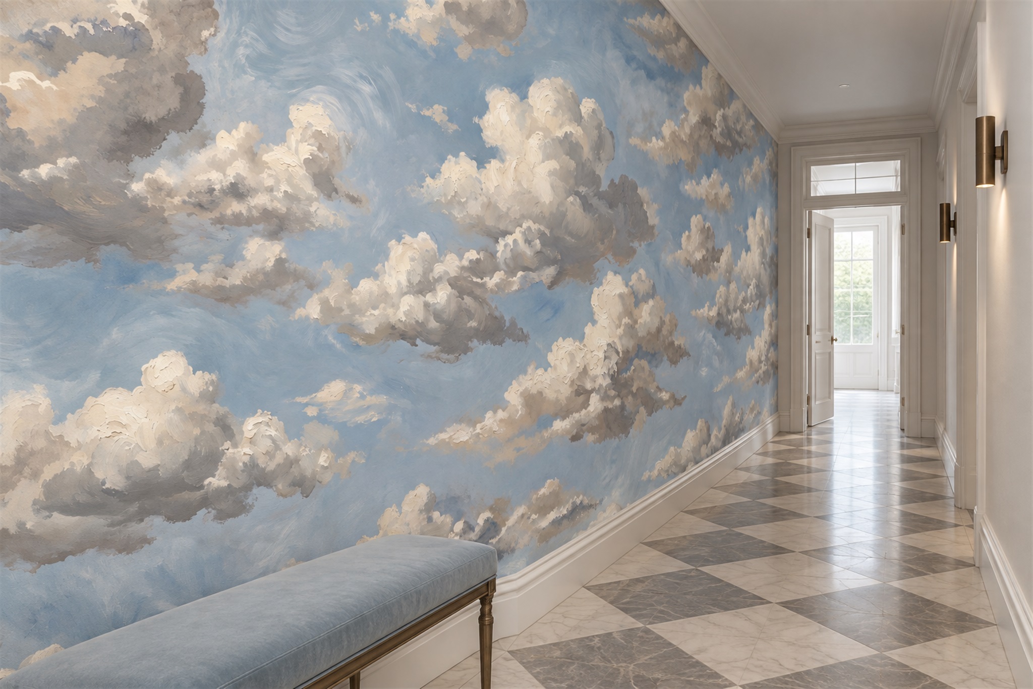 Blue Clouds Artful Wallpaper Mural Office-wallpaper-murals, Shown In A Home Office, Peel-and-stick Finish