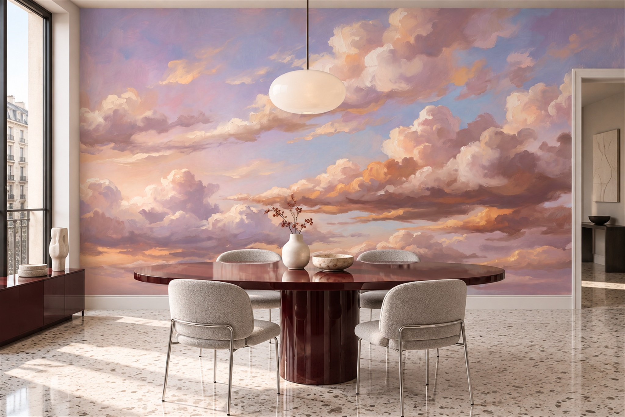 Pink Pattern Decorative Layered Wallpaper Mural Dining-room-wallpaper-murals, Shown In A Dining Room, Peel-and-stick Finish