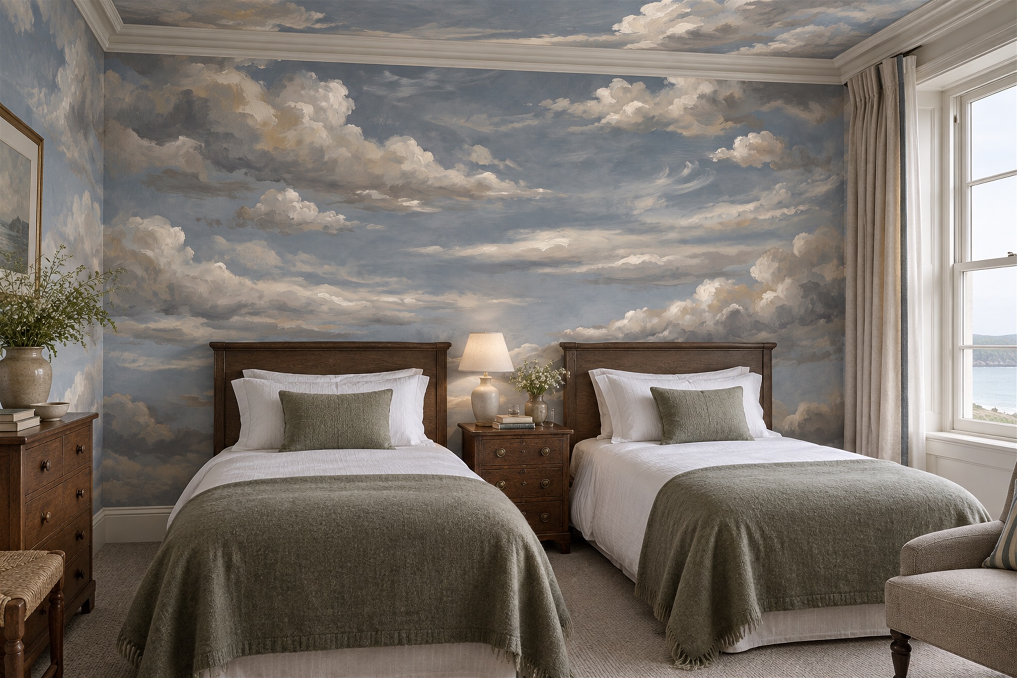 Grey Clouds Artful Wallpaper Mural Bedroom-wallpaper-murals, Peel-and-stick Finish